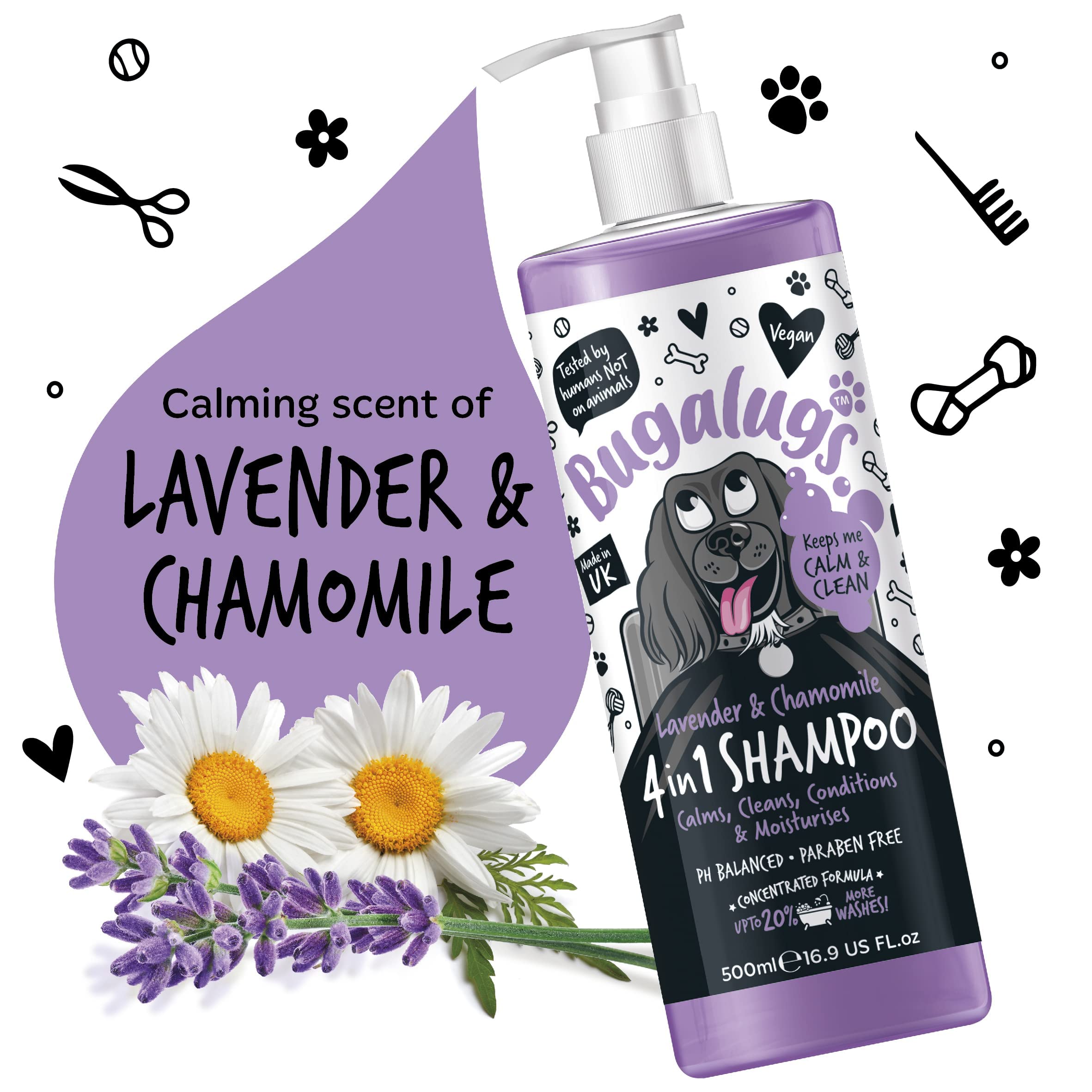 Dog Shampoo By Bugalugs Lavender & Chamomile 4 In 1 Dog Grooming Shampoo Products For Smelly Dogs With Fragrance, Best Puppy Shampoo, Vegan Pet Shampoo & Conditioner