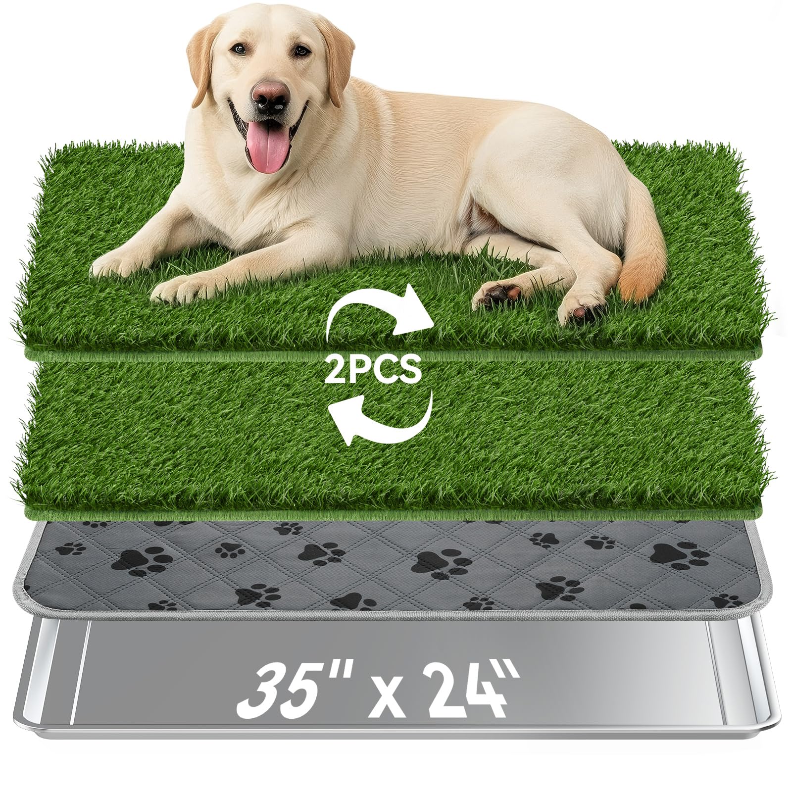 Dog Grass Pad With Tray Large, 35'' X 24'' Stainless Steel Dog Litter Box With 2 Premium Grass Pads & Reusable Pee Pad - Durable