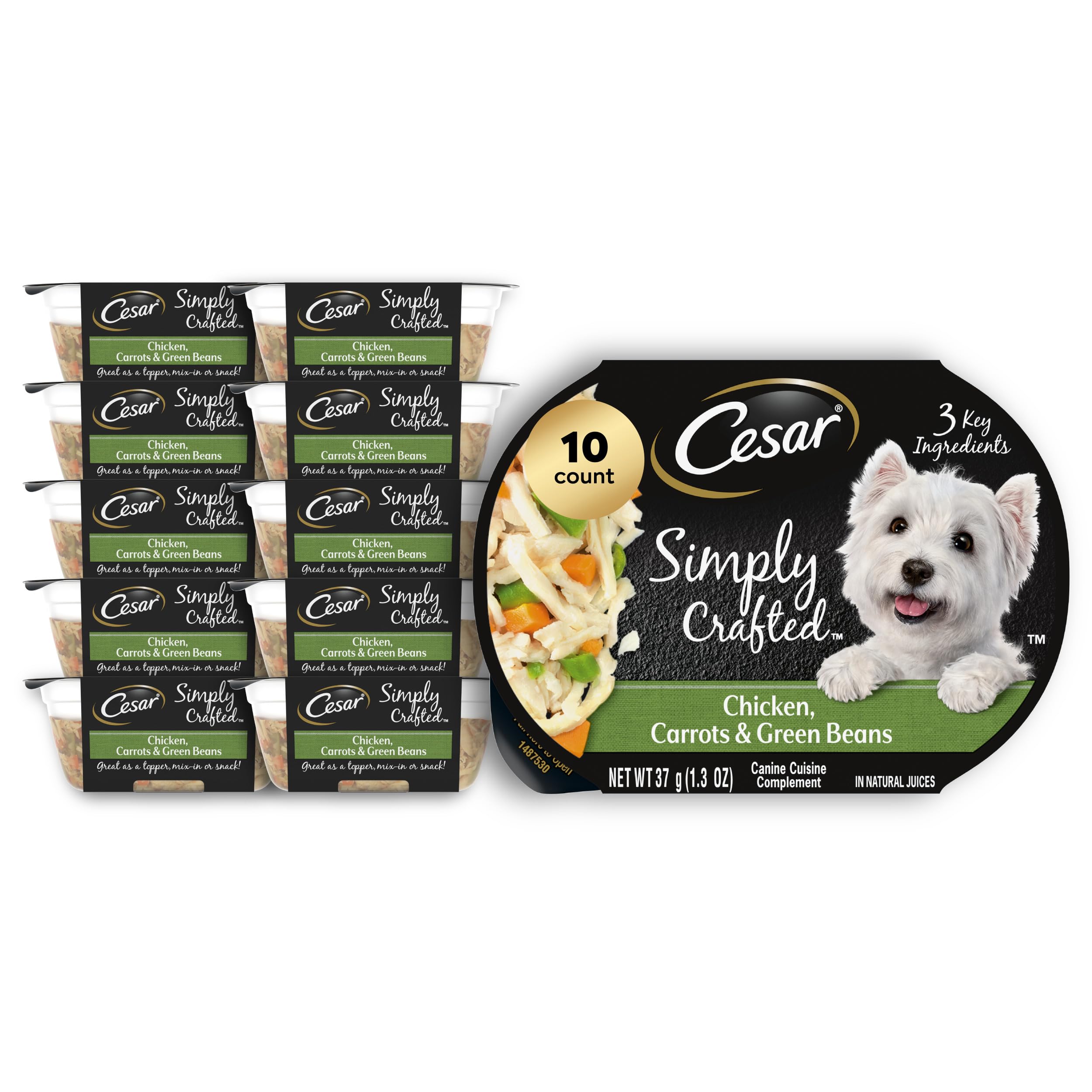 Cesar Simply Crafted Adult Wet Dog Food Meal Topper, Chicken, Carrots & Green Beans, 1.3oz. (10 Count, Pack of 1)