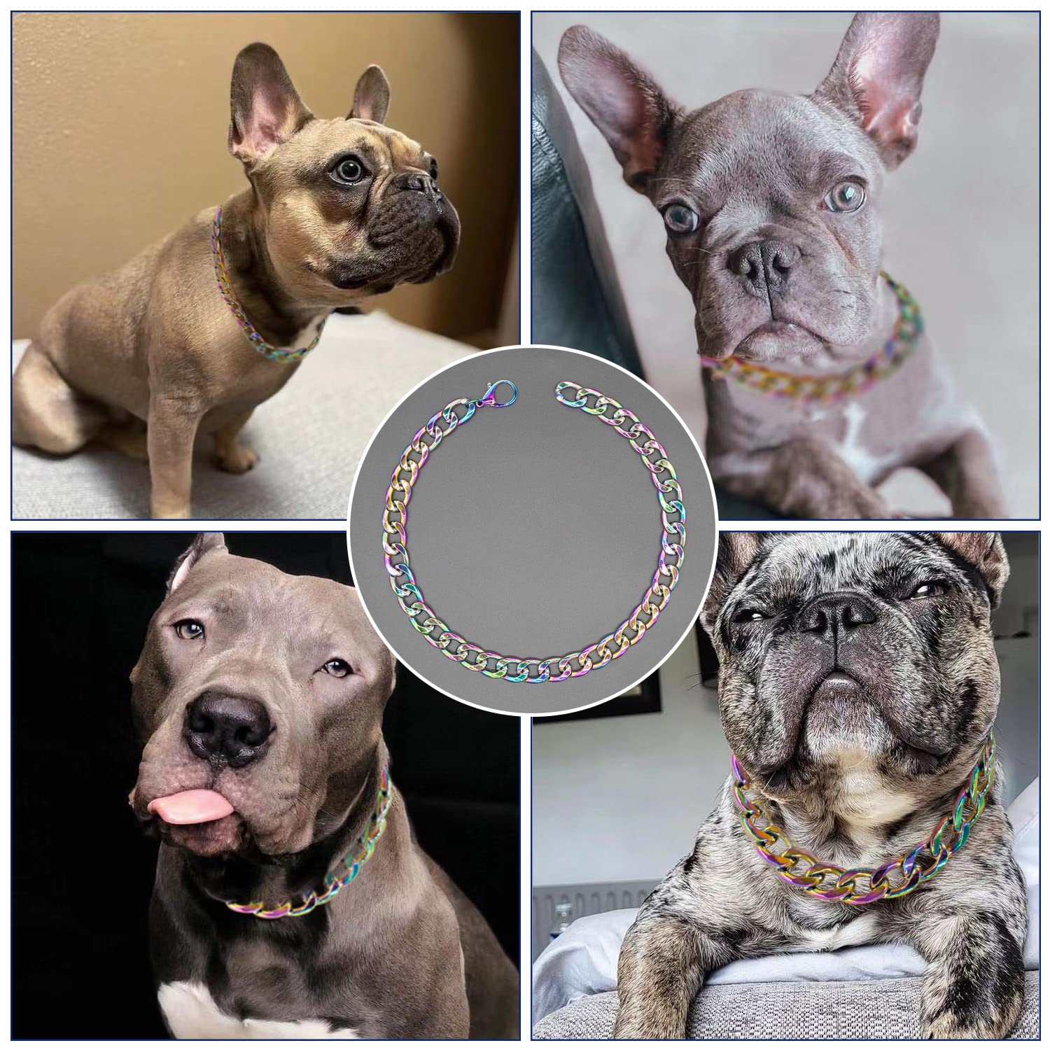Rainbow Dog Chain Collar-3/4 Inch (20Mm) Width Cuban Link Durable Dog Necklace, Cute Fashion Pet Collar For Pit Bulldog, Light M