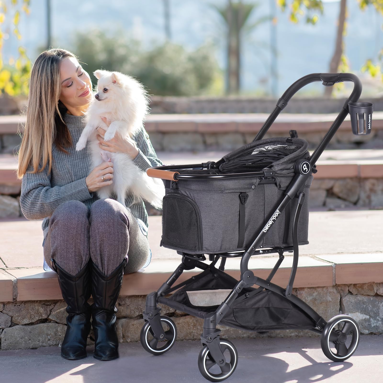 Beberoad Pets T3 3 In 1 Small Pet Stroller For Dogs & Cats, 4 Wheels With Detachable Carrier With Pad, Canopy And Cup Holder, Bl