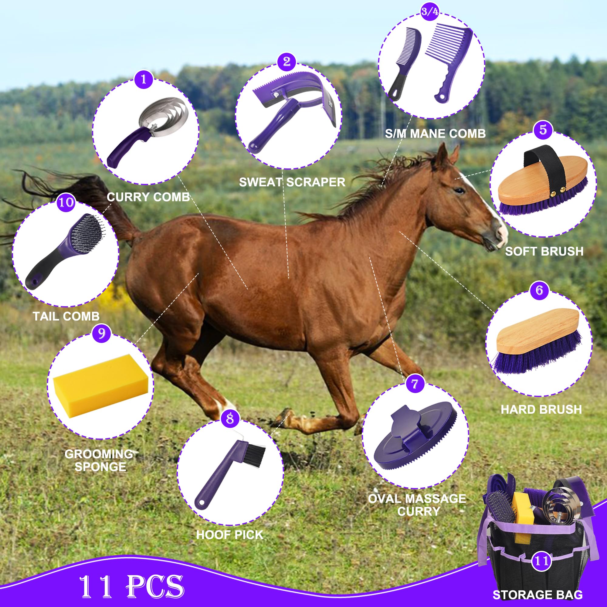 Kunbeien Horse Grooming Kit, 11 Piece Horse Bathing Supplies With Organize Bag, Horse Washing Full Body Kit, Including Sweat Scr