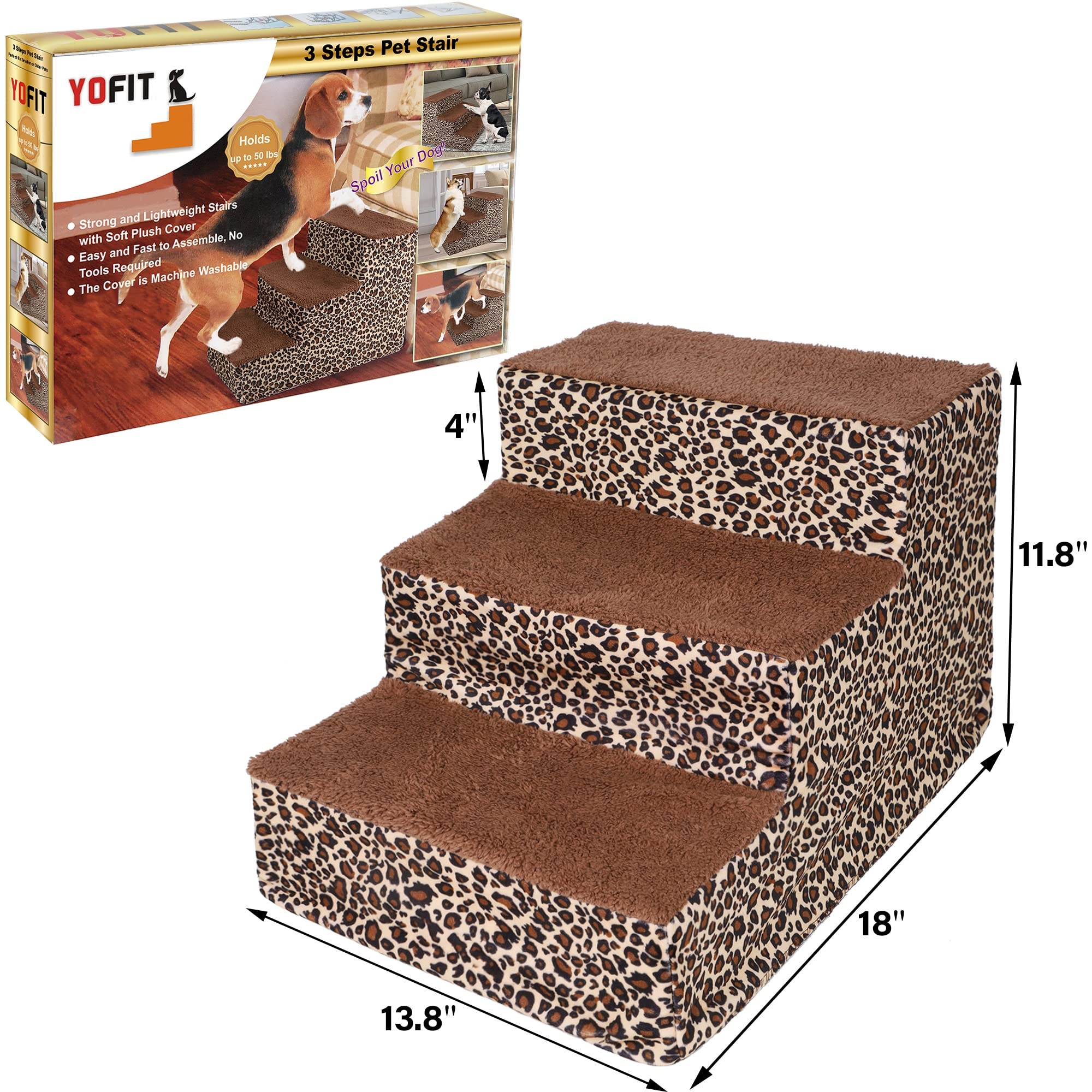 Yofit Doggy Steps - Non-Slip 3 Steps Pet Stairs For Cats And Dogs, Foldable Plastic With Washable Carpet Holds Up To 50 Lbs (Leo