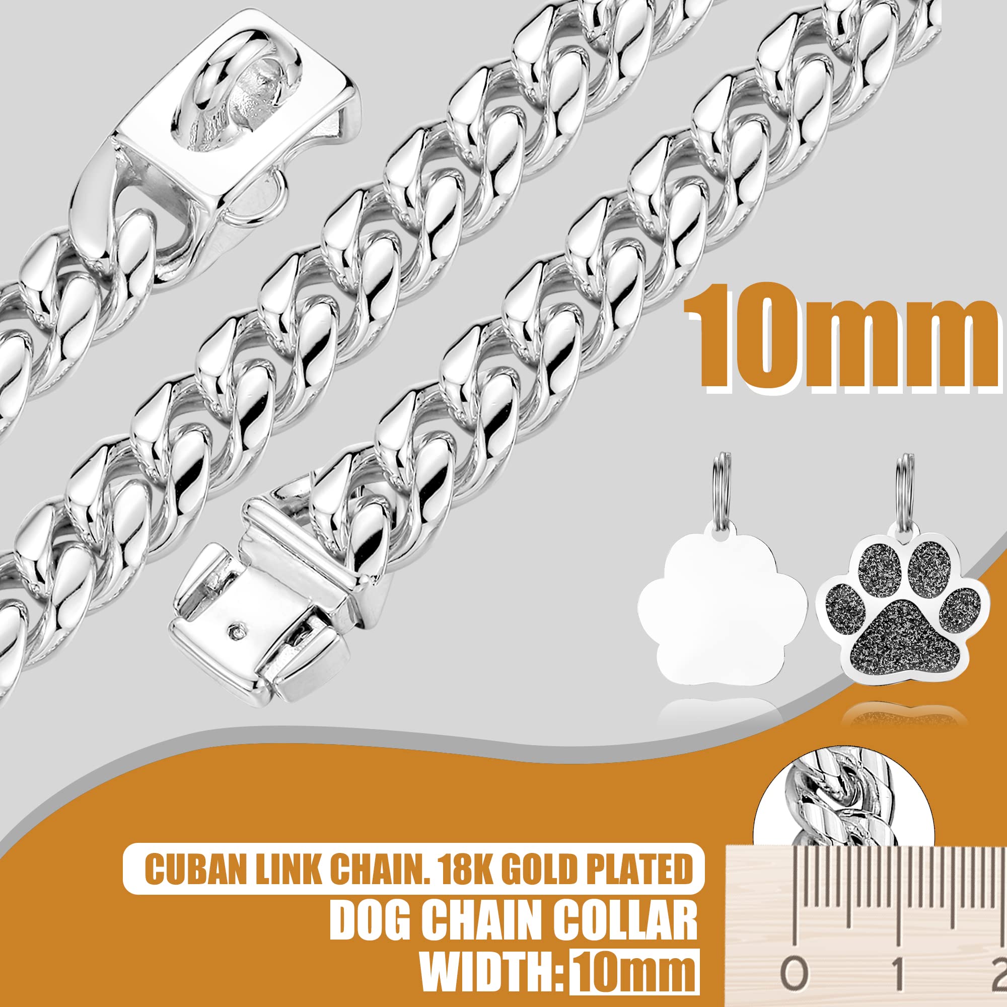 Luxlife Dog Chain Collars Stainless Steel Dog Collar 10Mm Cuban Link Dog Collar Metal Dog Chain With Snap Buckle Dog Tag For Pup
