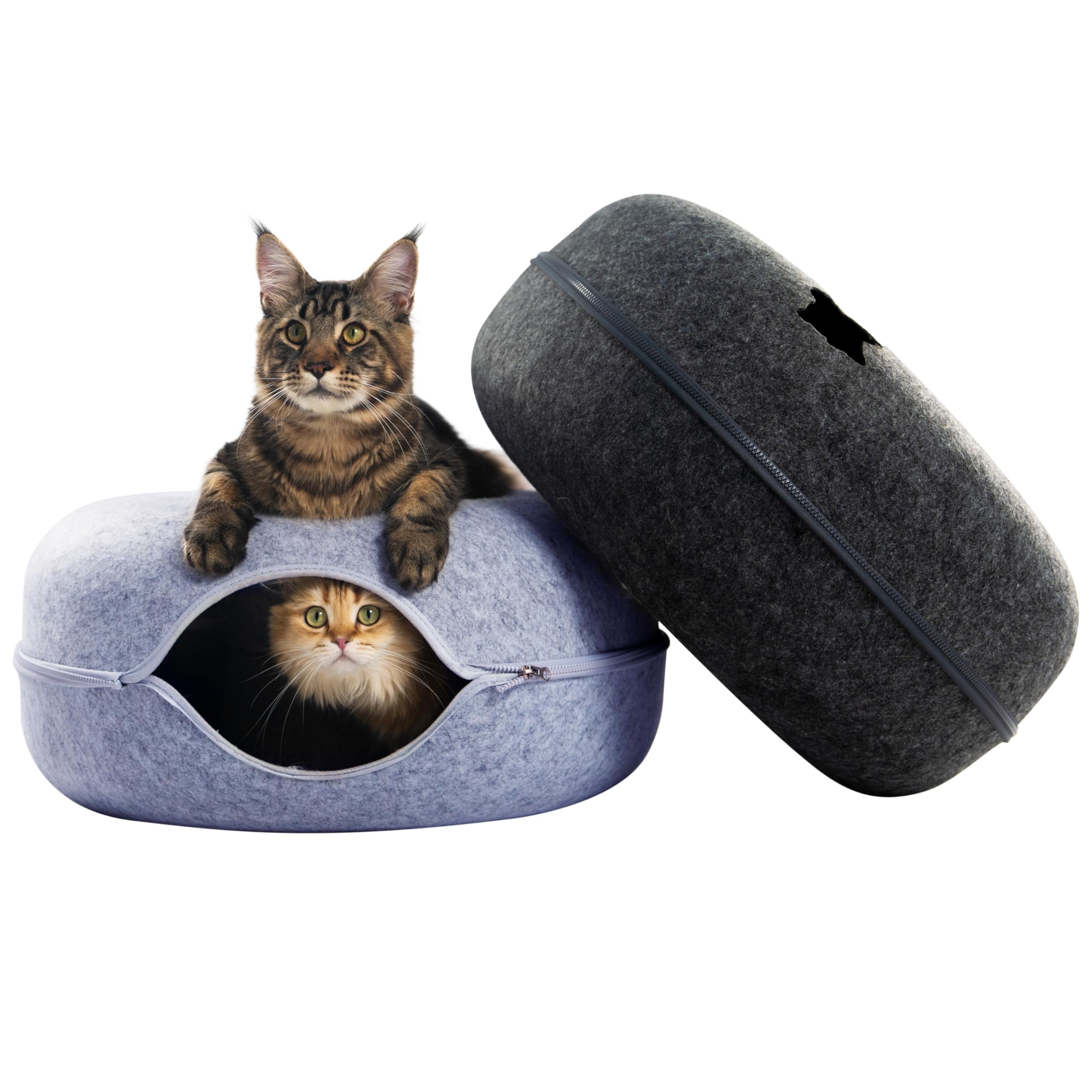 Cattasaurus Peekaboo Cat Cave For Multiple & Large Cats Up To 30-45 Lbs, Scratch Detachable & Washable Tunnel Bed, Comfy Donut C