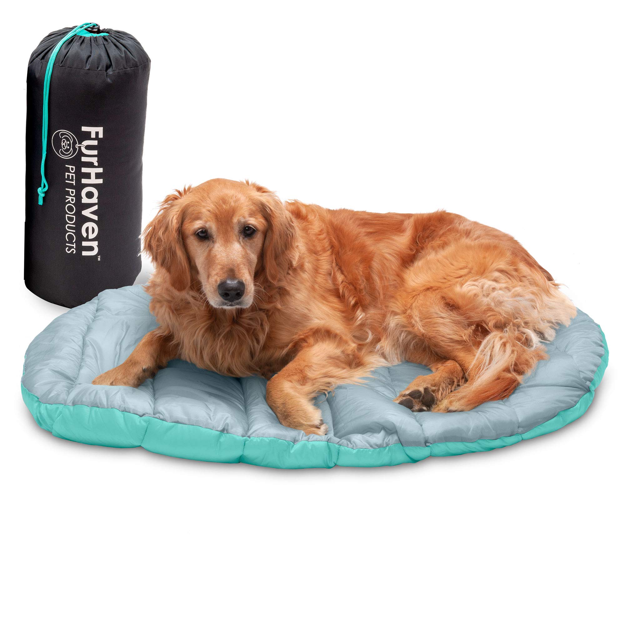 Furhaven Outdoor Travel Dog Bed For Large/Medium Dogs W/ Carry Bag, Washable & Foldable, Great For Crates & Kennels - Trail Pup Travel Pillow Mat W/ Stuff Sack Bag - Aqua/Granite Gray, Large
