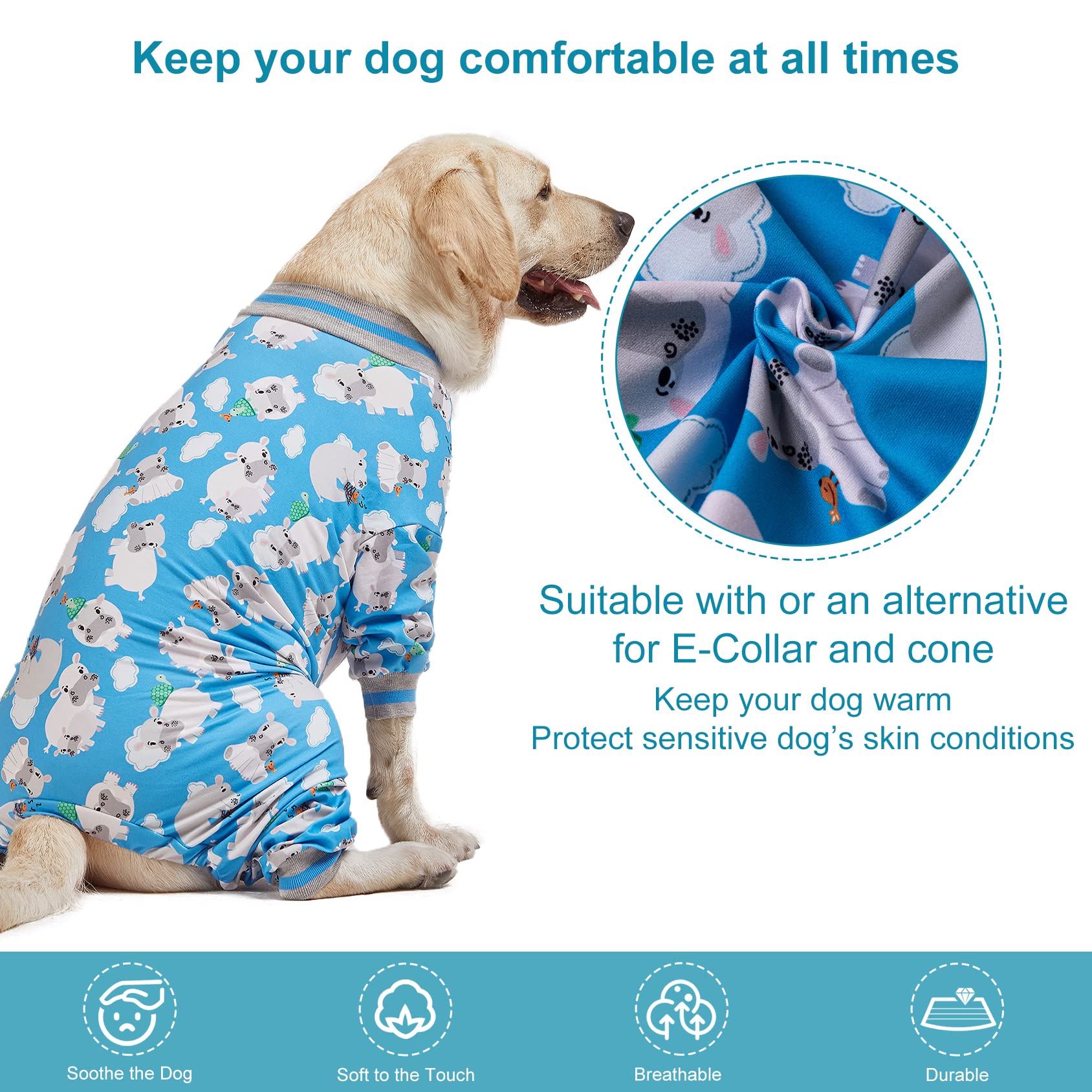 Lovinpet Pitbull Pjs For Large Dogs/Cozy Dog Pajamas, Slim Fit, Lightweight Pullover/Full Coverage Dog Pjs/Happy Hippo Blue Print/Large Breed Dog Pjs /3Xl
