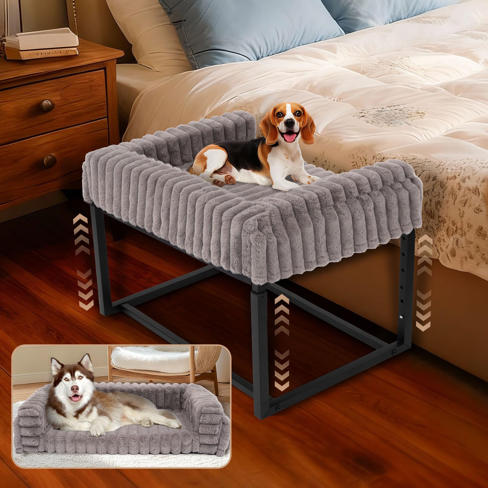 Beside Dog Bed,Adjustable Height Dog Bunk Beds,27.5x 18Metal Dogs Bed Frame with Washable Removable Corduroy Cover,Memory Fo
