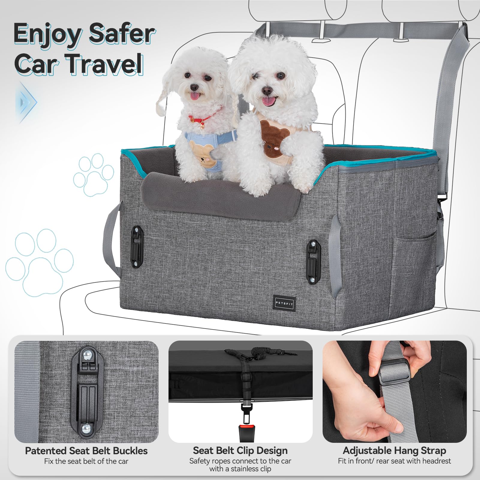 Petsfit Dog Booster Car Seat For Small/Medium Dogs, Dog Car Seat For Medium Sized Dog With 2 Clip-On Safety Leashes And Patented Buckles, Pet Car Seat With Storage Pockets For Pets Under 45Lbs (Grey)