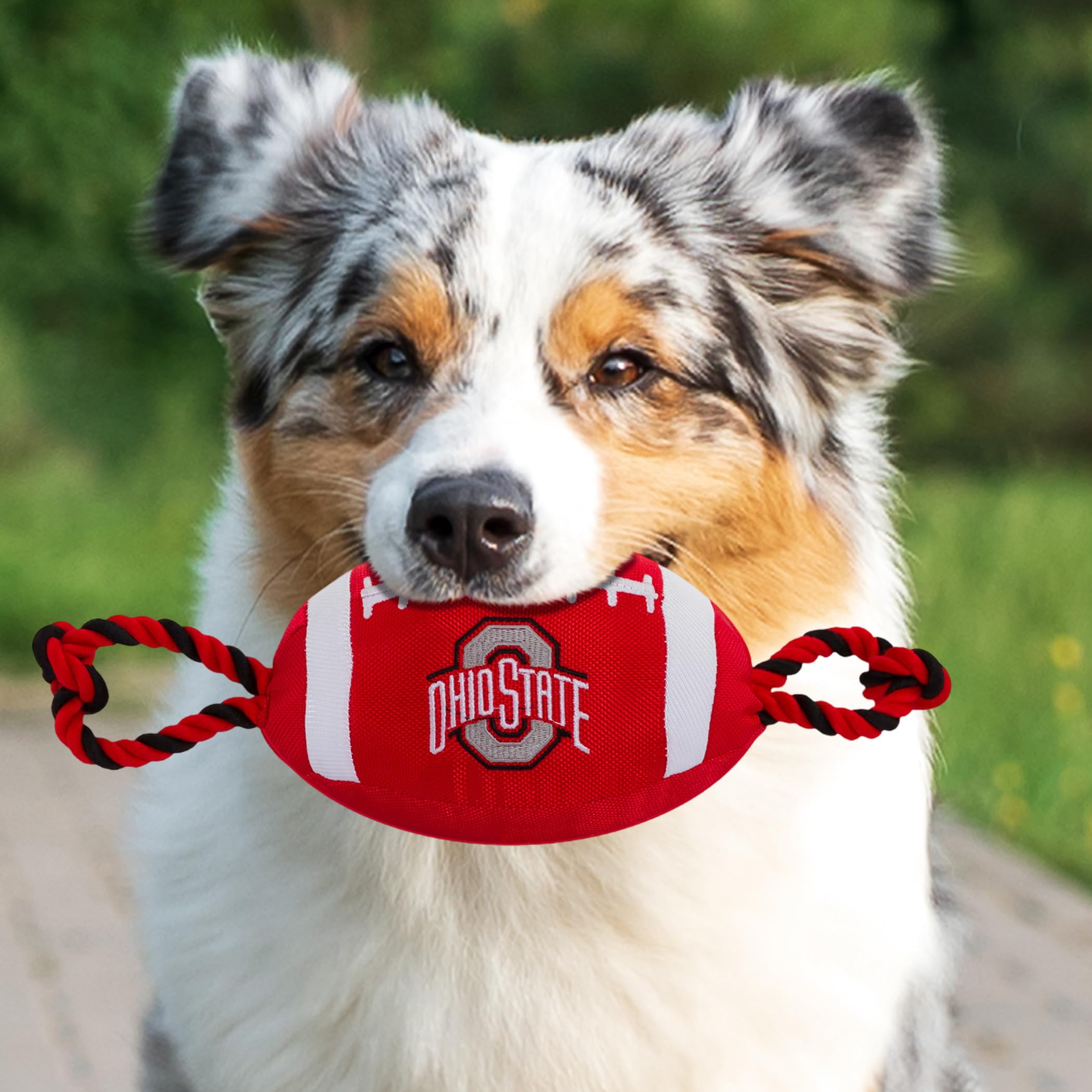 Pets First NCAA Ohio State Buckeyes Football Dog Toy, Tough Quality Nylon Materials, Strong Pull Ropes, Inner Squeaker, Collegia