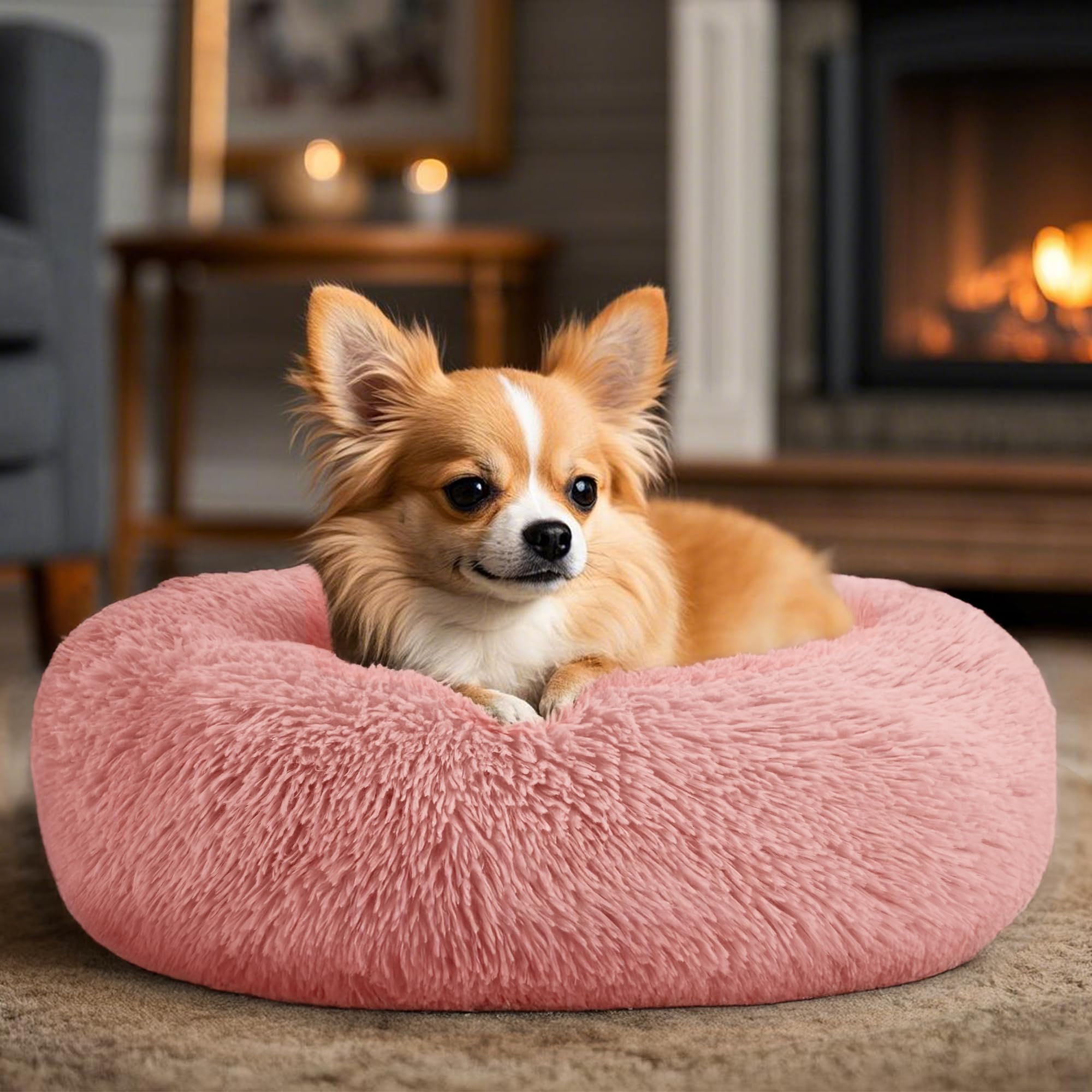 Dogs Bed for Small Dogs, Anti-Anxiety Washable Round Bed (Pink, 24.0 L x 24.0 W x 8.0 Th)