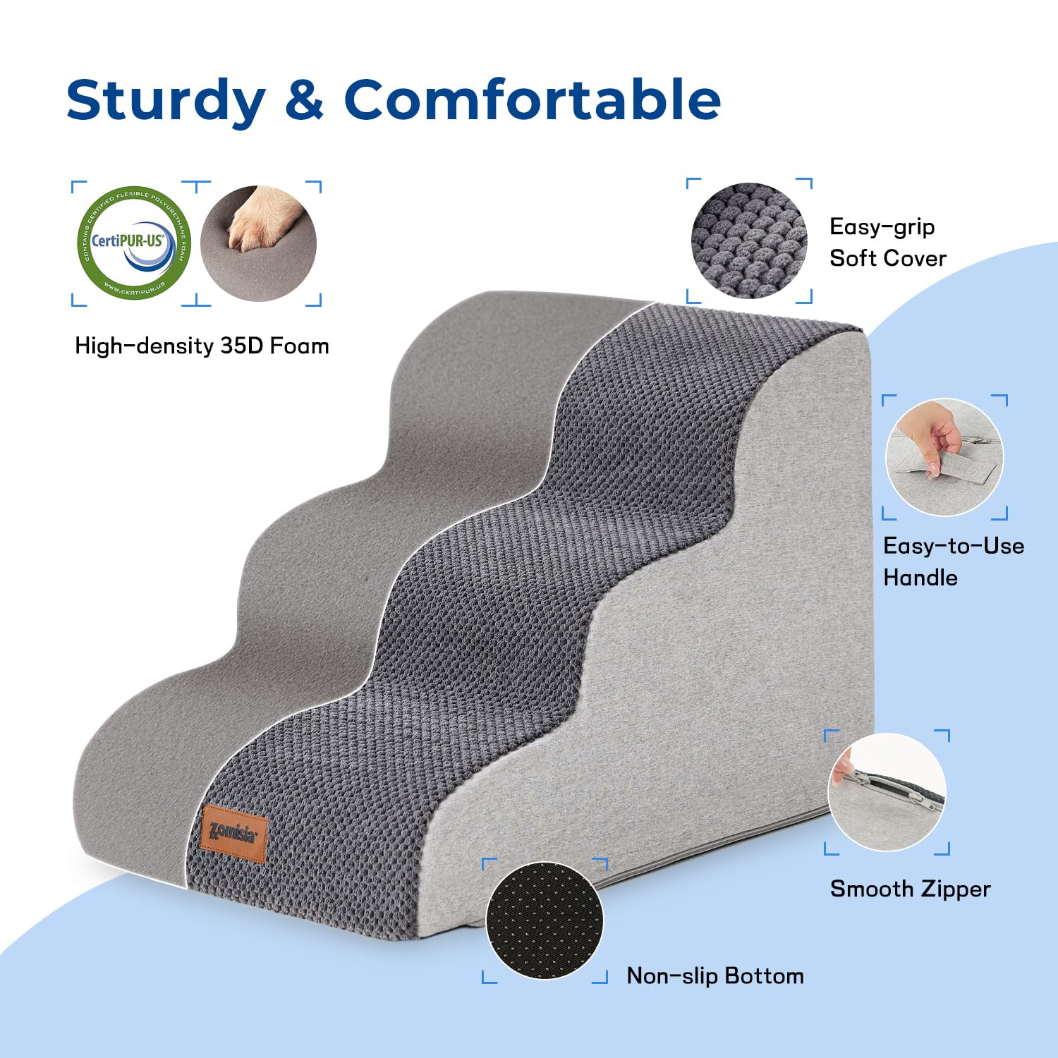 Zomisia Pet Stairs For Small Dogs 15.7'' H - Dog Stairs For Couch And Bed, 35D Foam Dog Steps Ramp With Non-Slip Bottom Grey, 3