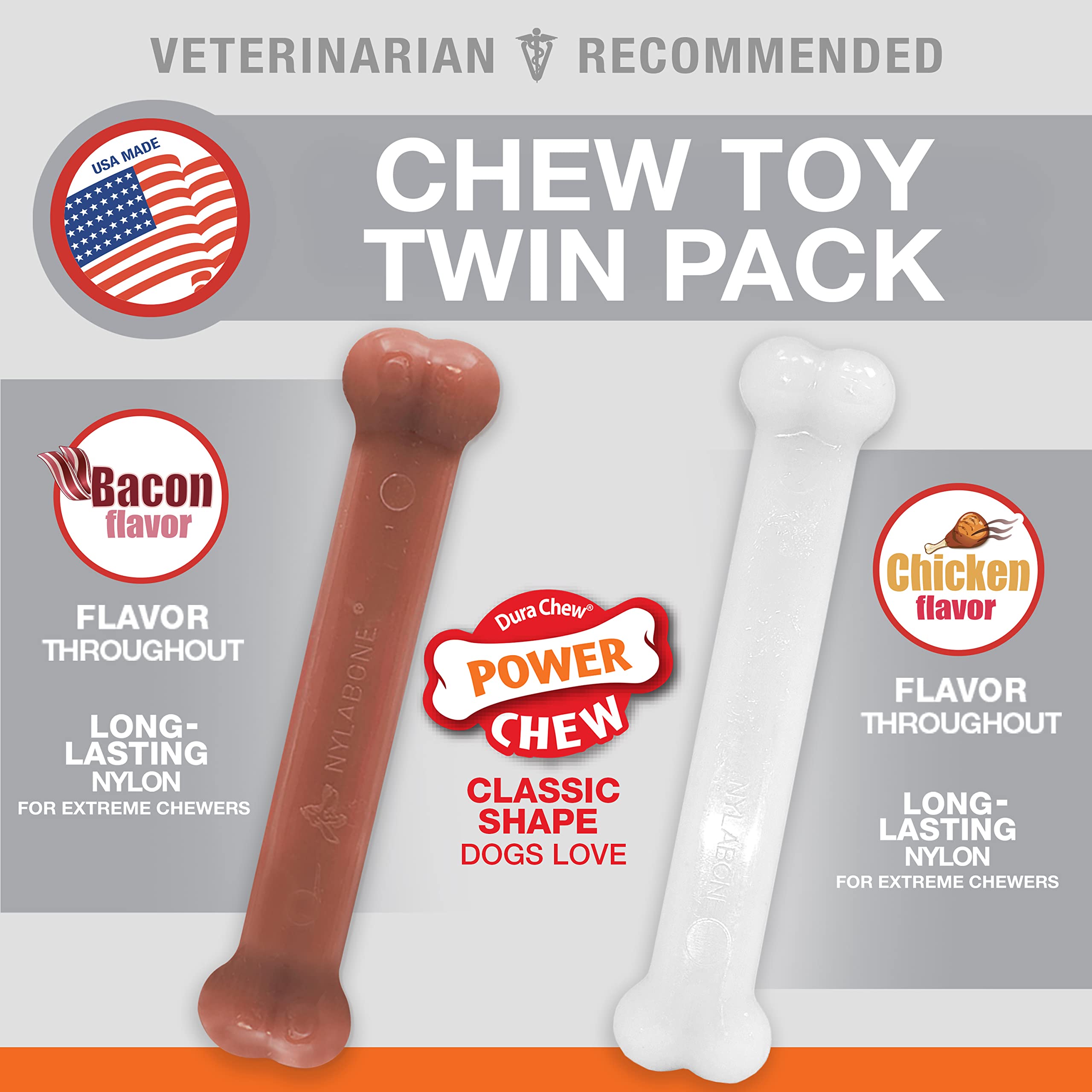 Nylabone Original Bone Power Chew Toy for Dogs, Durable Dog Toys for Aggressive Chewers, Basted Blast Chicken Flavor, Large - Up