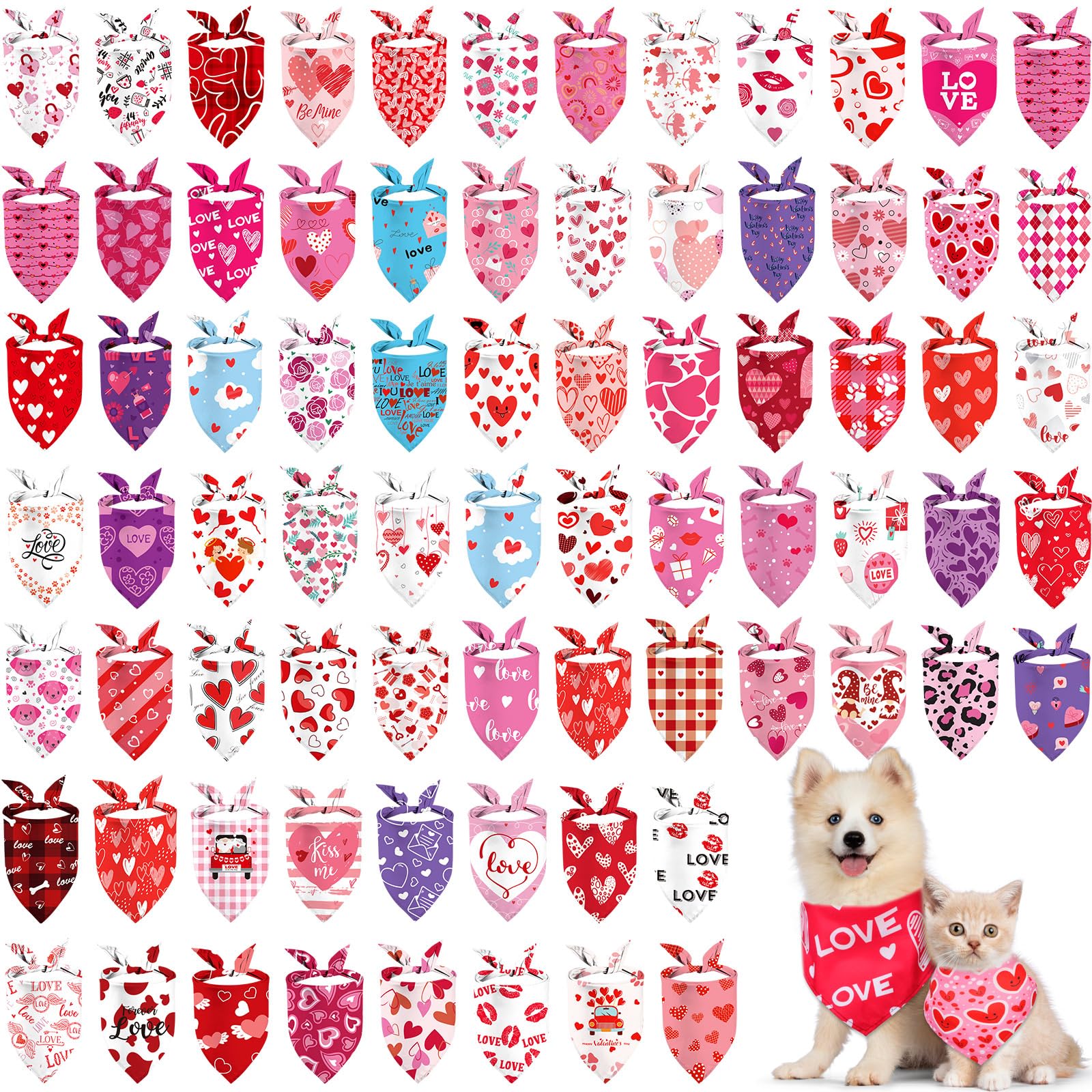 Abbylike 150 Pcs Valentines Day Dog Bandanas Bulk Heart Bandanas Triangle Washable Dog Scarf Adjustable Pet Bib Handkerchief For