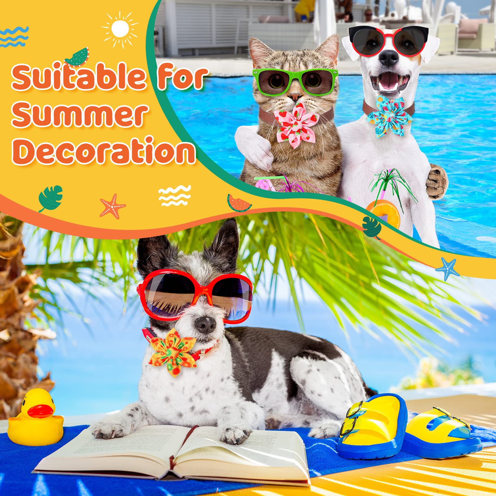 Cunno 60 Pcs Dog Collar Flowers Bulk Summer Hawaiian Dog Bow Ties Dog Collar Accessories Pet Charms Grooming Flamingo For Small