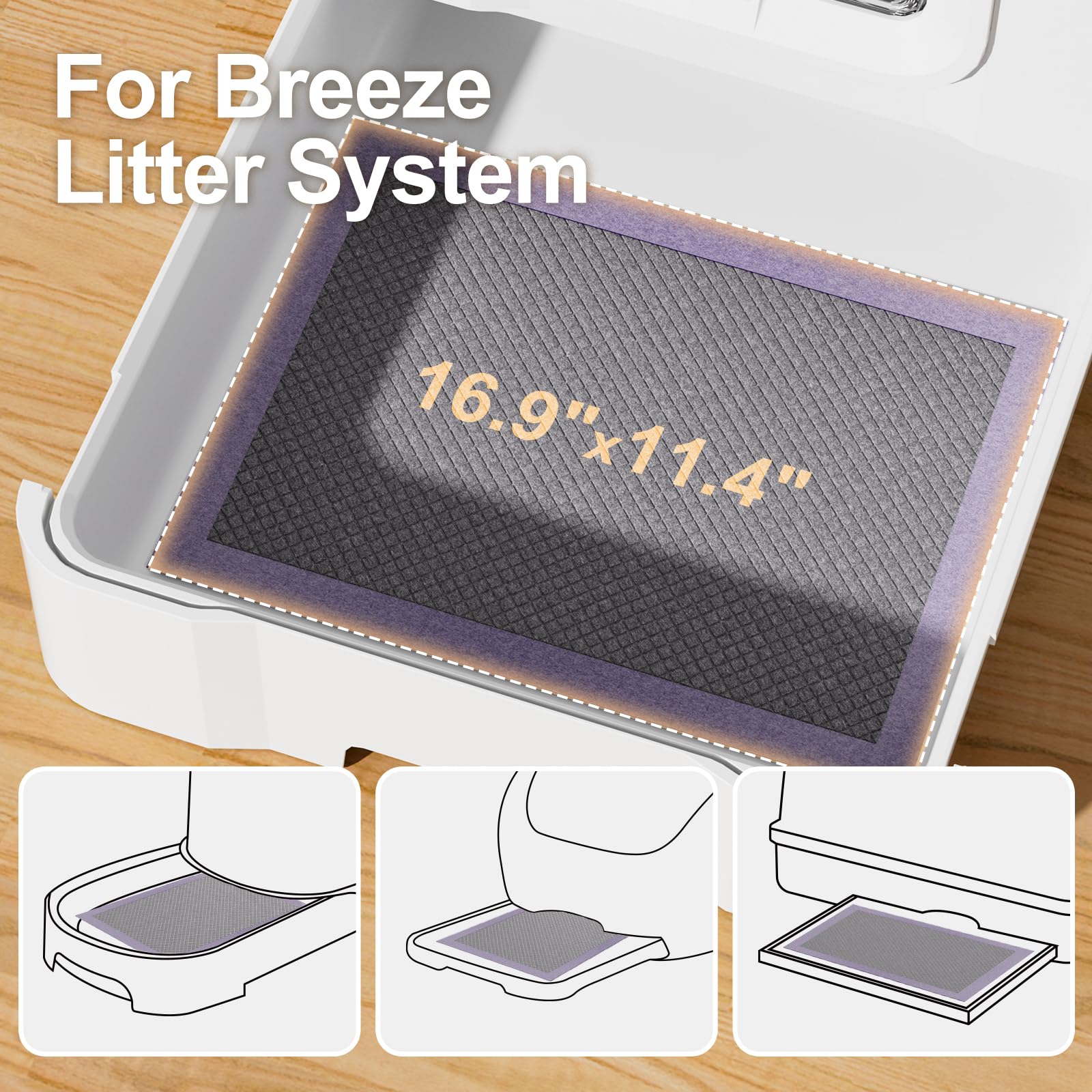 Cat Pad Refills For Litter Box, 16.9''X11.4'' Odor Control Cat Pee Pads With Activated Carbon For Breeze Litter System(50Counts/