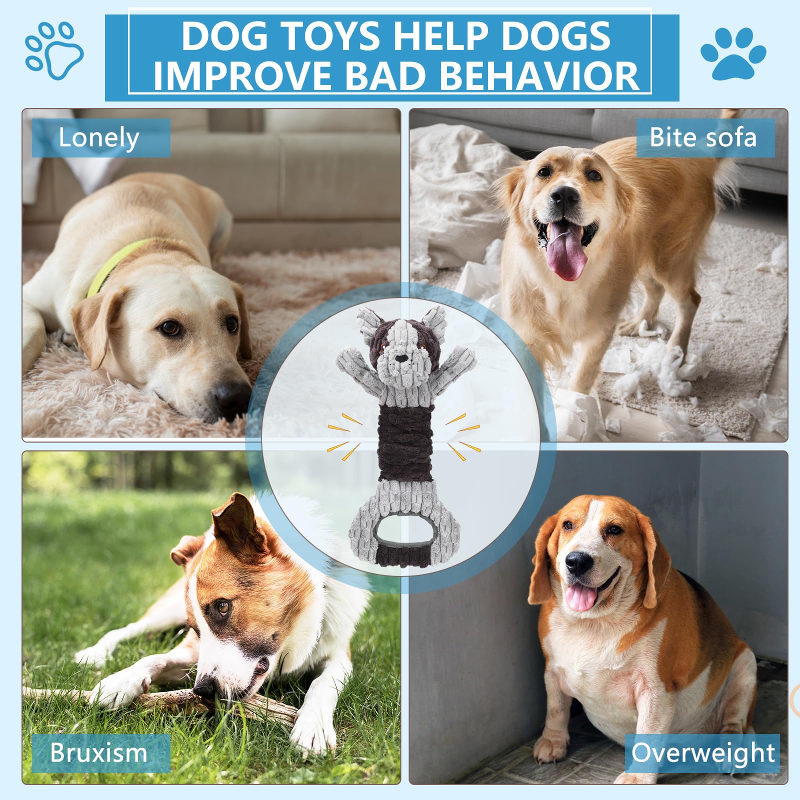 Letsmeet Plush Dog Squeak Toys With Crinkle Paper - Pull Interactive Tug Of War Dog Toy, Great For Dental Health, Strengthening
