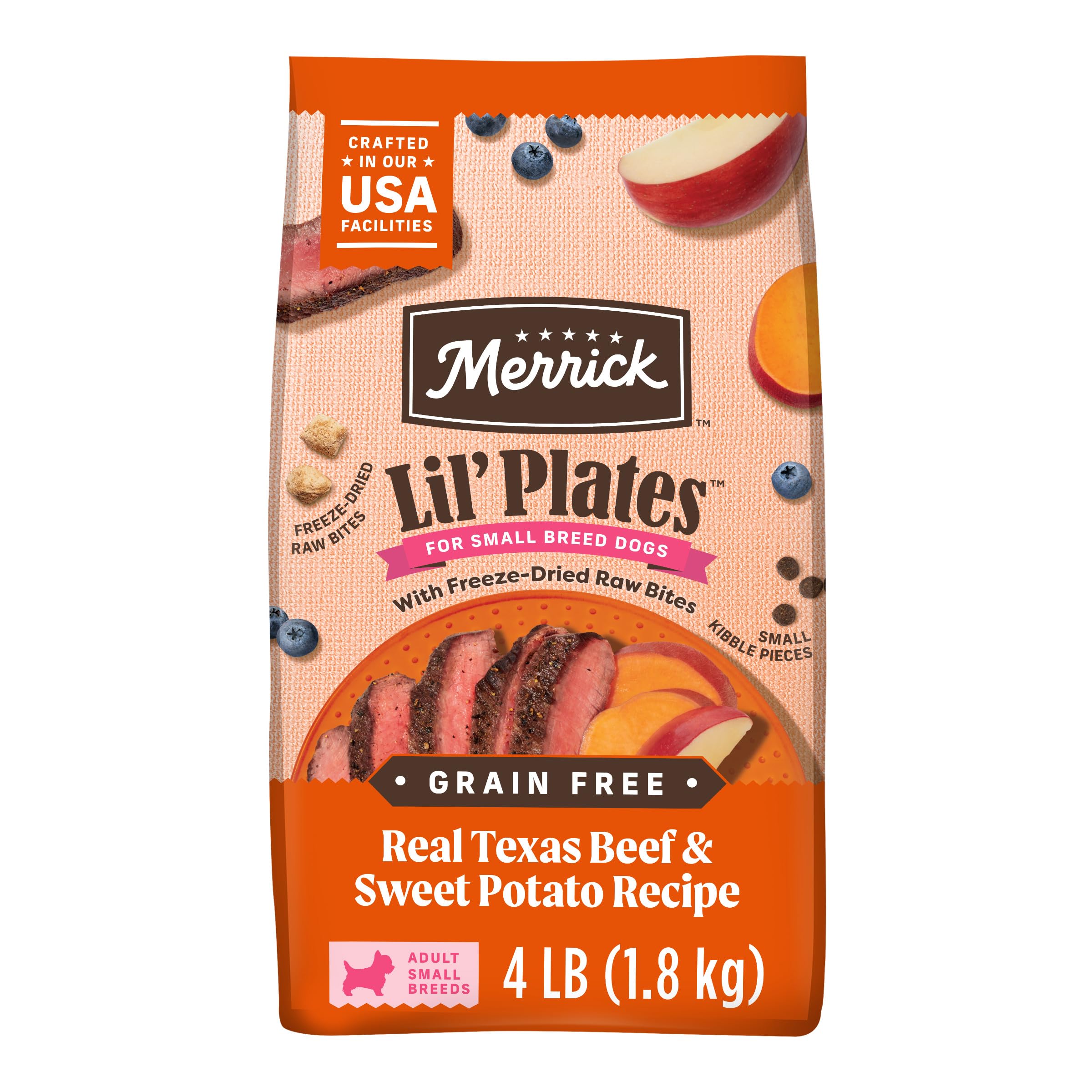 Merrick Lil Plates Grain Free Dry Dog Food For Small Dogs, Texas Beef And Sweet Potato Kibble With Raw Bites - 4.0 lb. Bag
