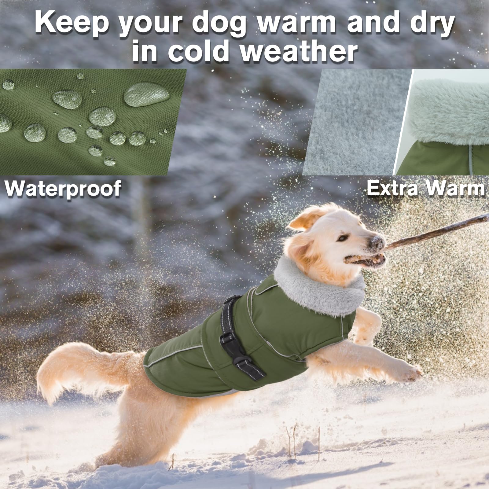 LeLePet Warm Dog Coat - Reflective Fleece Vest, Waterproof, Windproof, Small Size, Army Green