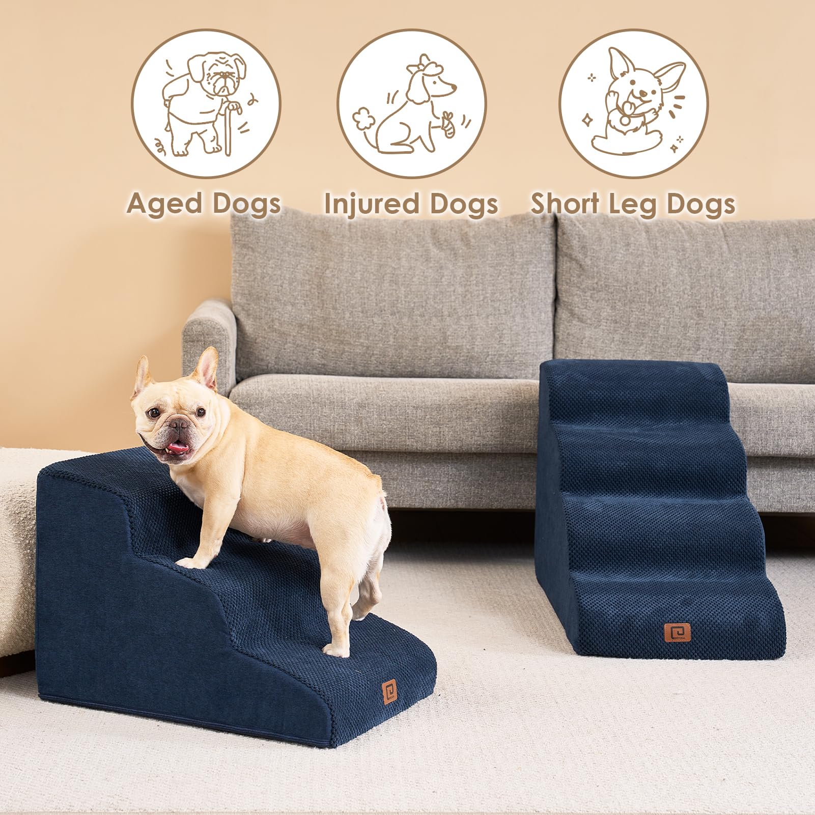 Eheyciga Curved Dog Stairs Ramp For Small Dogs 15.7' H, 3-Step Dog Steps For Couch Sofa And Chair, Pet Stairs For Cats, Non-Slip Balanced Pet Steps Indoor, Navy