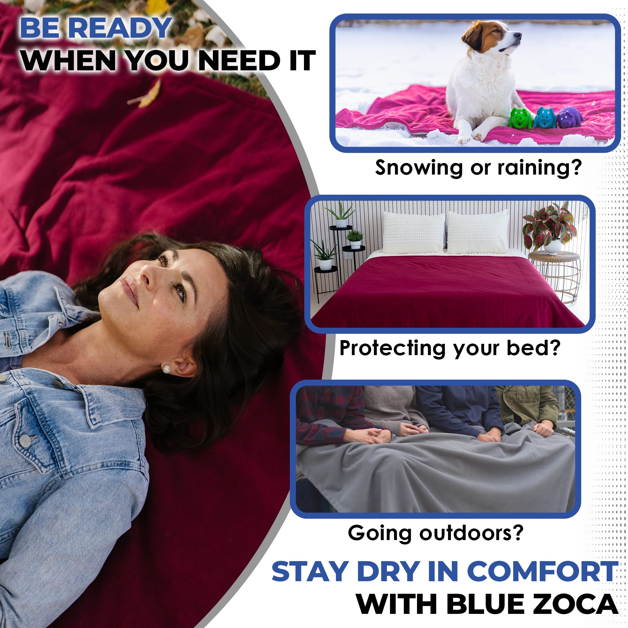 Blue Zoca Waterproof Blanket for Indoors & Outdoors | Machine Washable, Multi-Purpose Throw to Protect Your Bed Couch Car from L