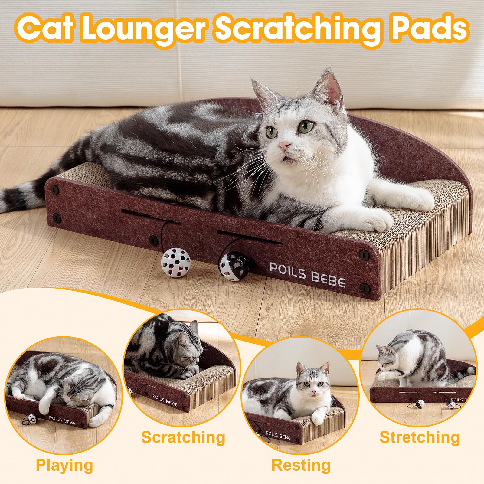 Poils Bebe 21 Caramel Cat Scratcher Sofa with Bell Balls, Durable Cardboard Lounger, Catnip & Toys, Indoor Scratch Furniture Protector