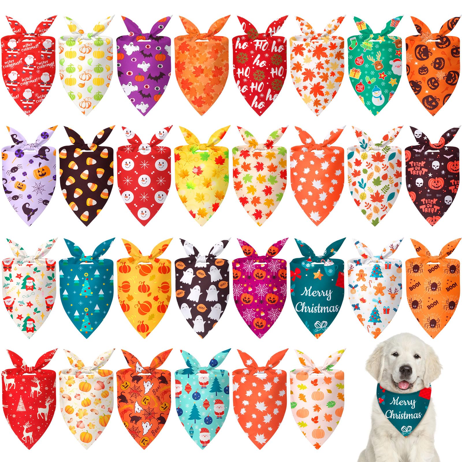 Chunful 30 Pcs Holiday Dog Bandanas Bulk for Fall Thanksgiving Halloween Christmas with Maple Leaves Pumpkin Ghost Snowman Seaso