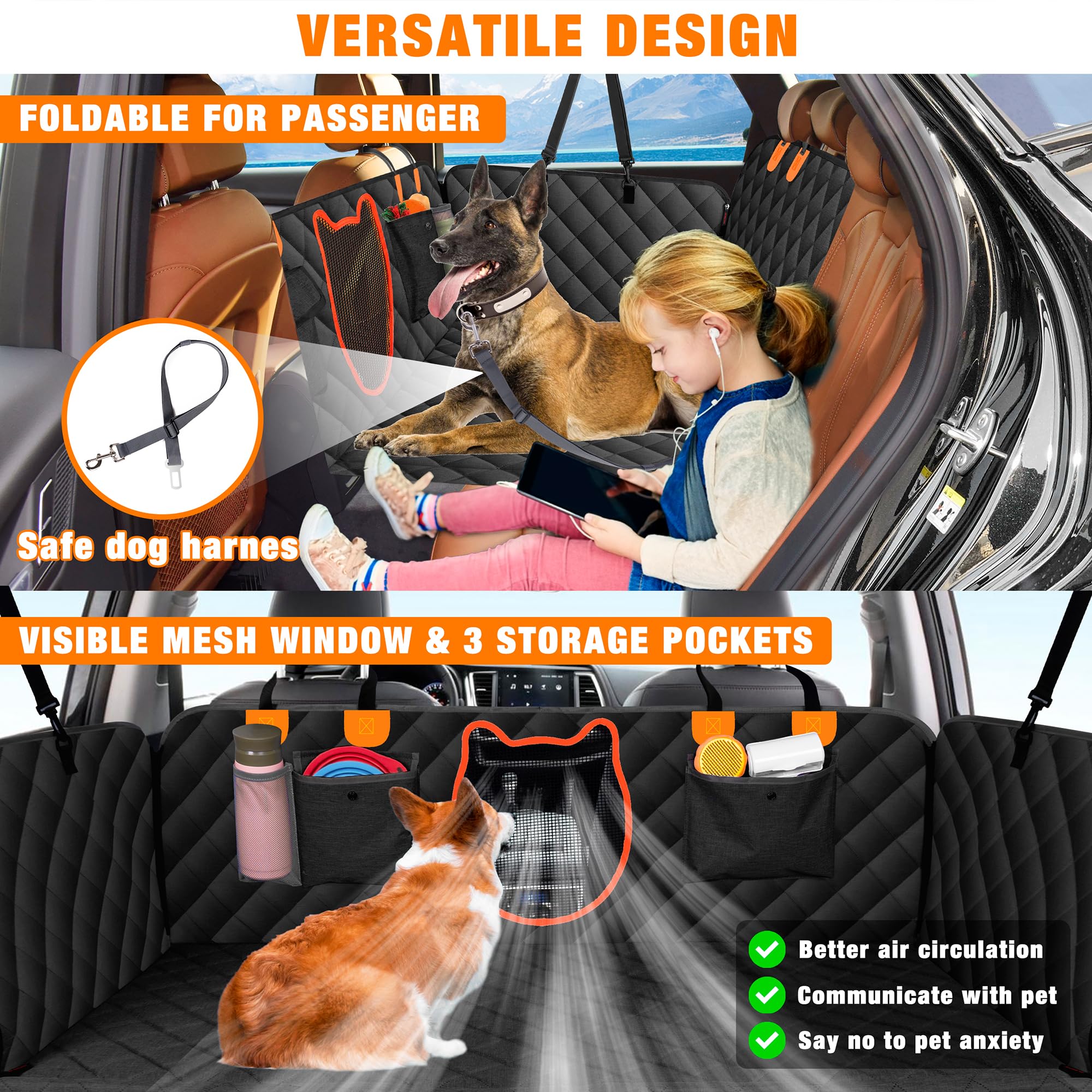 Jxfukal Back Seat Extender For Dogs, Dog Car Seat Cover For Back Seat Waterproof Dog Hammock For Car With Hard Bottom Holds 400L