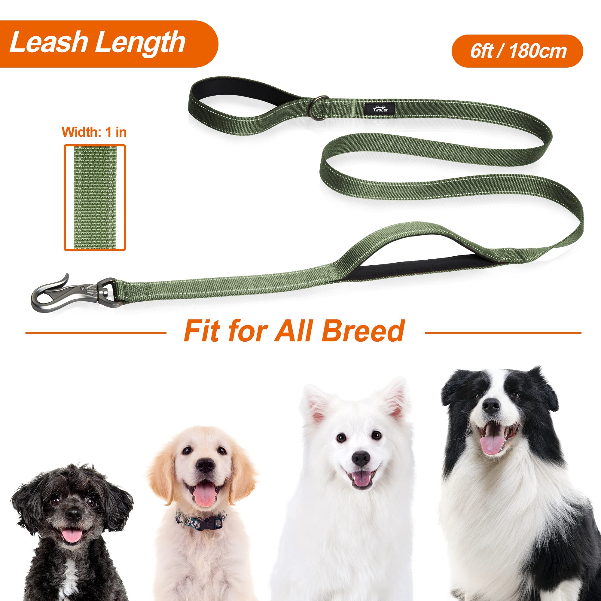 TwoEar 6FT Green Dog Leash - 1IN Strong with 2 Padded Handles, Traffic Control, Reflective, Auto Lock Hook for Small to Large Dogs