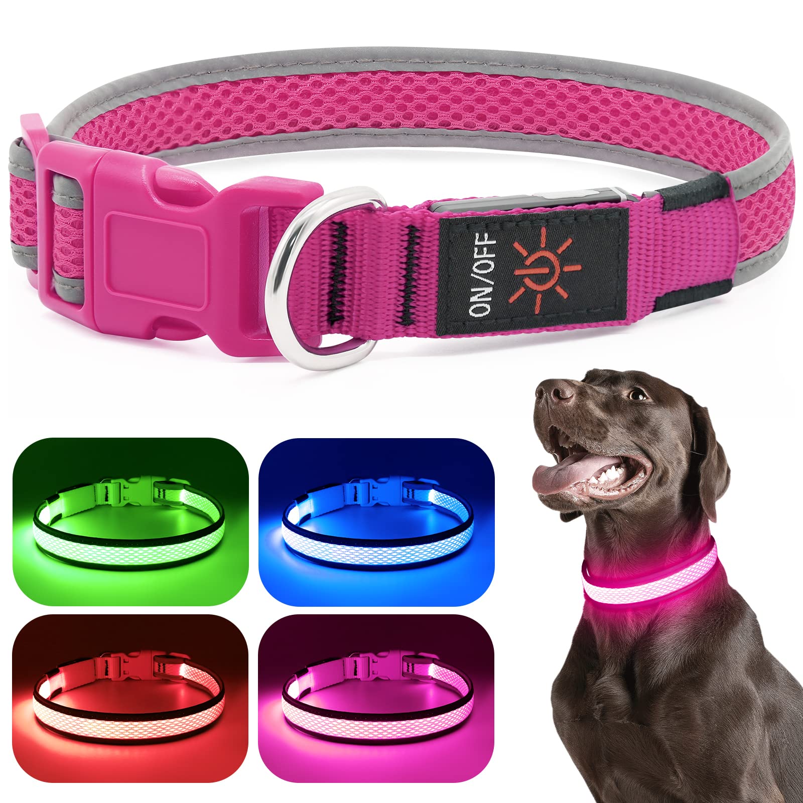 Flashseen Led Dog Collar, Usb Rechargeable Light Up Dog Collar Lights, Adjustable Comfortable Soft Mesh Safety Dog Collar For Small, Medium, Large Dogs(Large, Candy Pink)