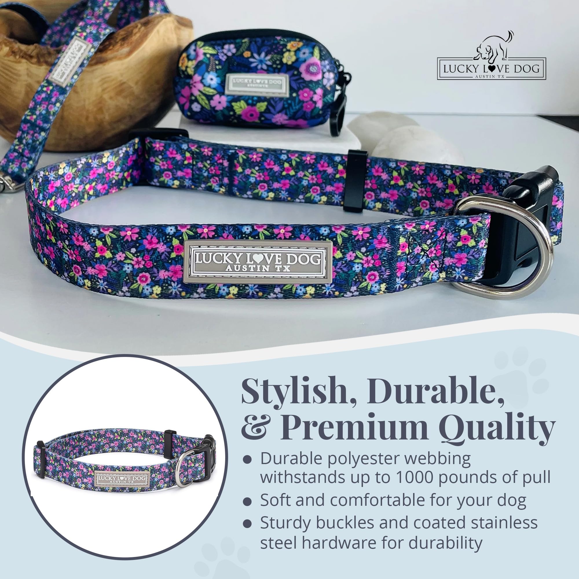 Lucky Love Dog, Comfortable, Soft, Cute Female Dog Collar For Medium Dogs, Black & Purple Floral Print, Adjustable Nylon Collar,