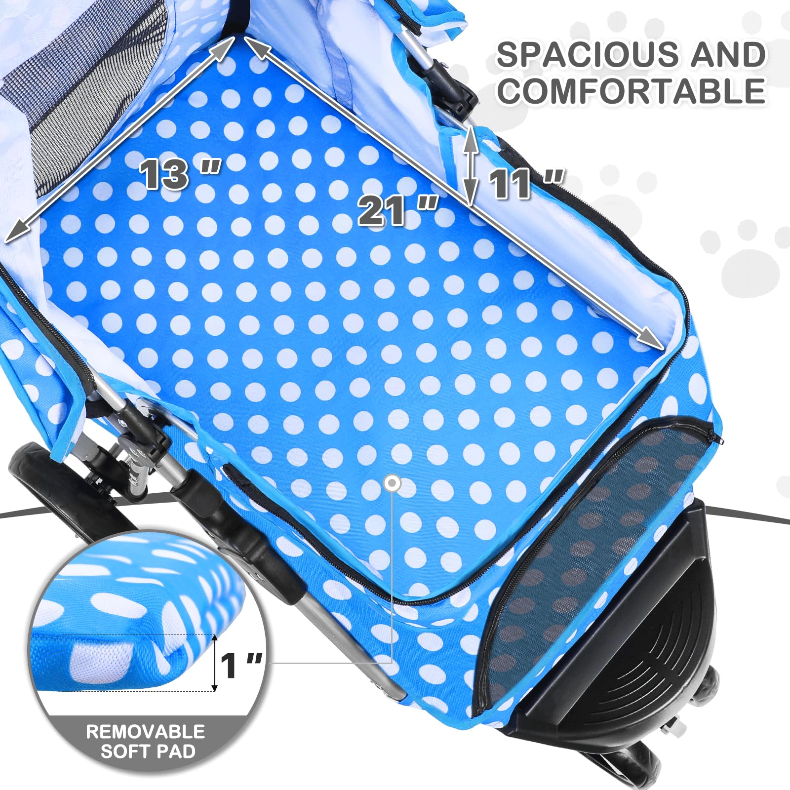 Monibloom 3 Wheels Pet Dog Cat Stroller For Small Medium Dogs Cats, Foldable Jogger Stroller W/Storage Basket And Cup Holder, Sky Blue Polka Dots