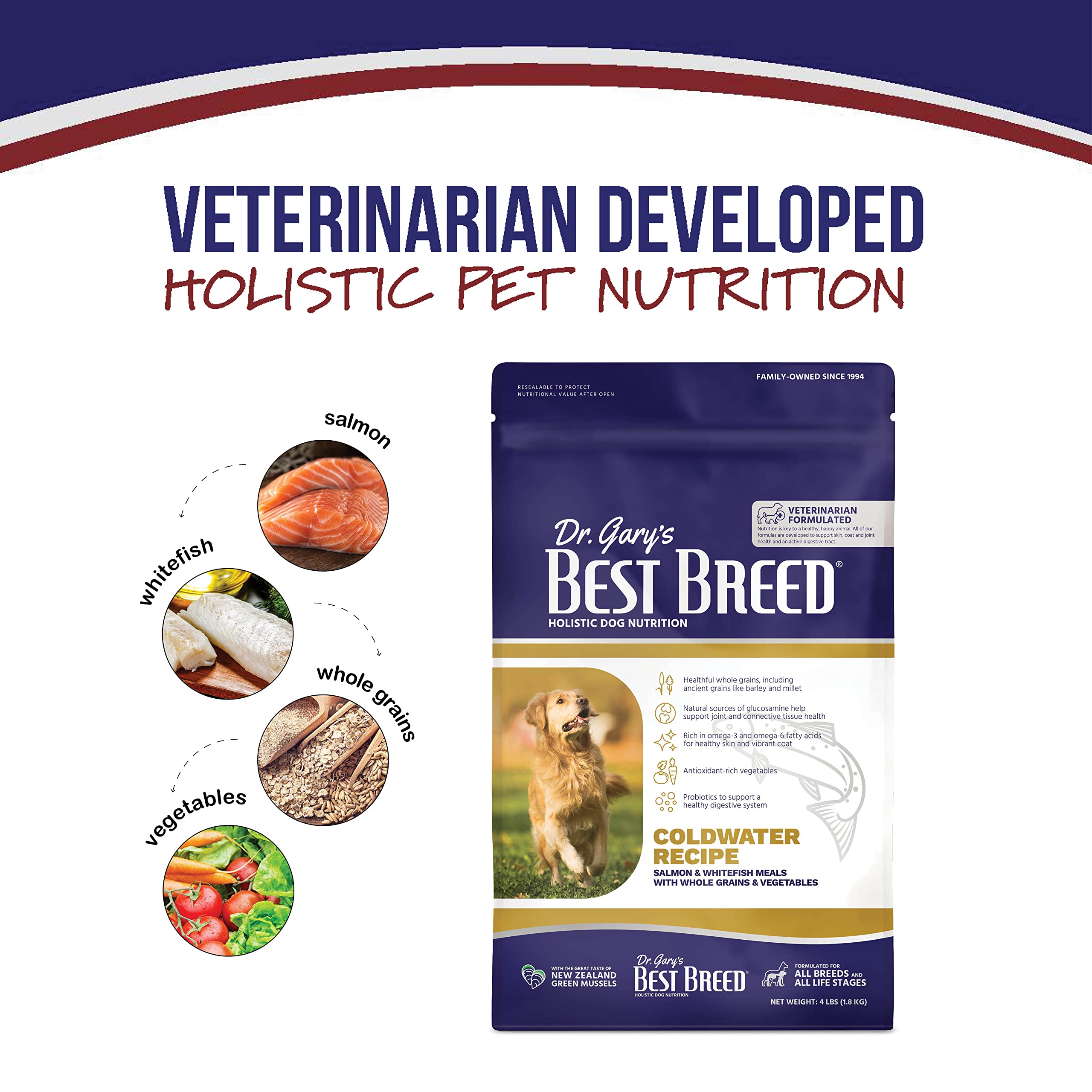 Dr. Garys Best Breed Coldwater Recipe Slow-Cooked in USA, Natural Dry Dog Food for All Breeds and Sizes, 4lbs