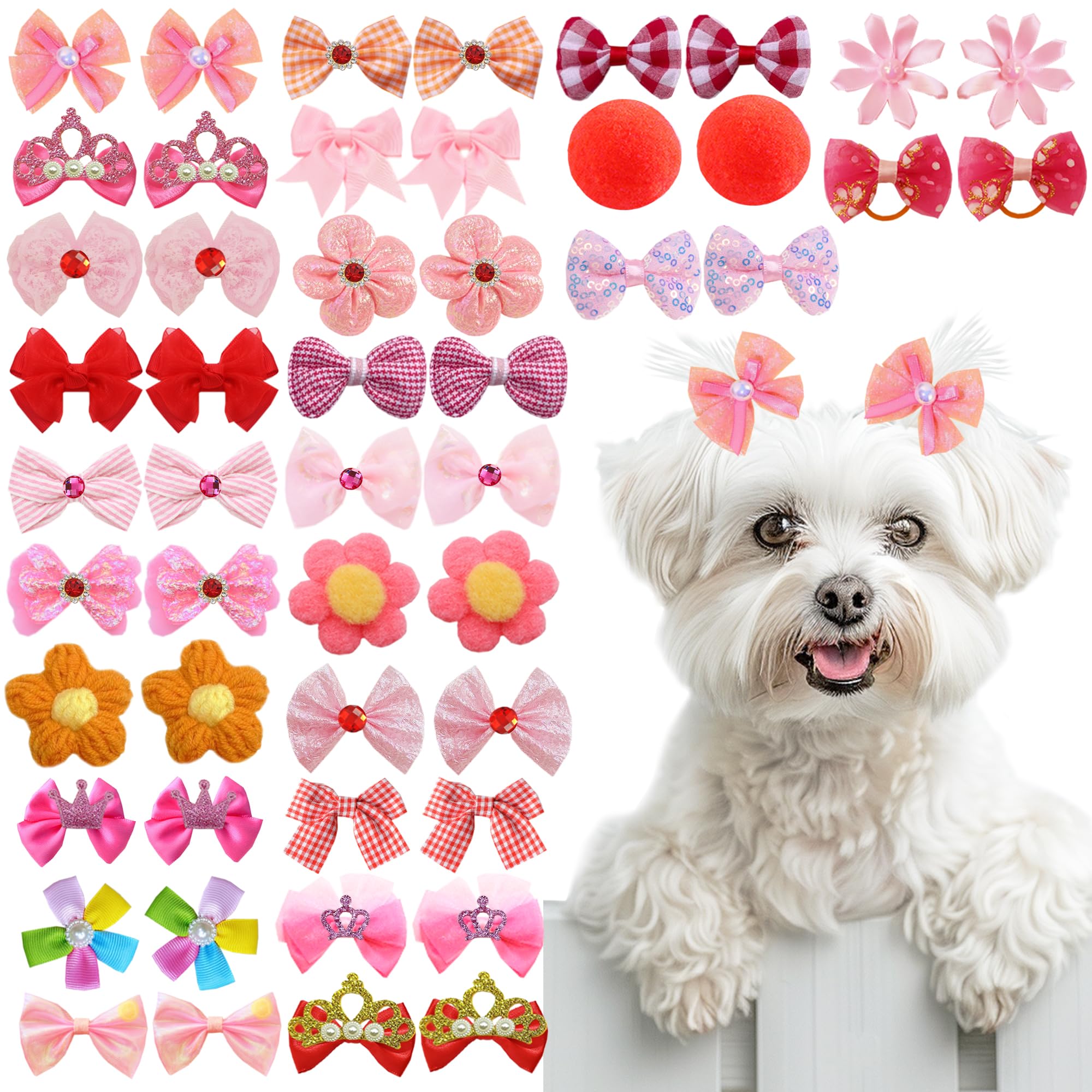 Pet Dog Hair Bows 50pcs - Pink & Red Assorted, Handmade Rubber Band Bows for Small Medium Dogs, Puppy Girl Hair Accessories, Cut