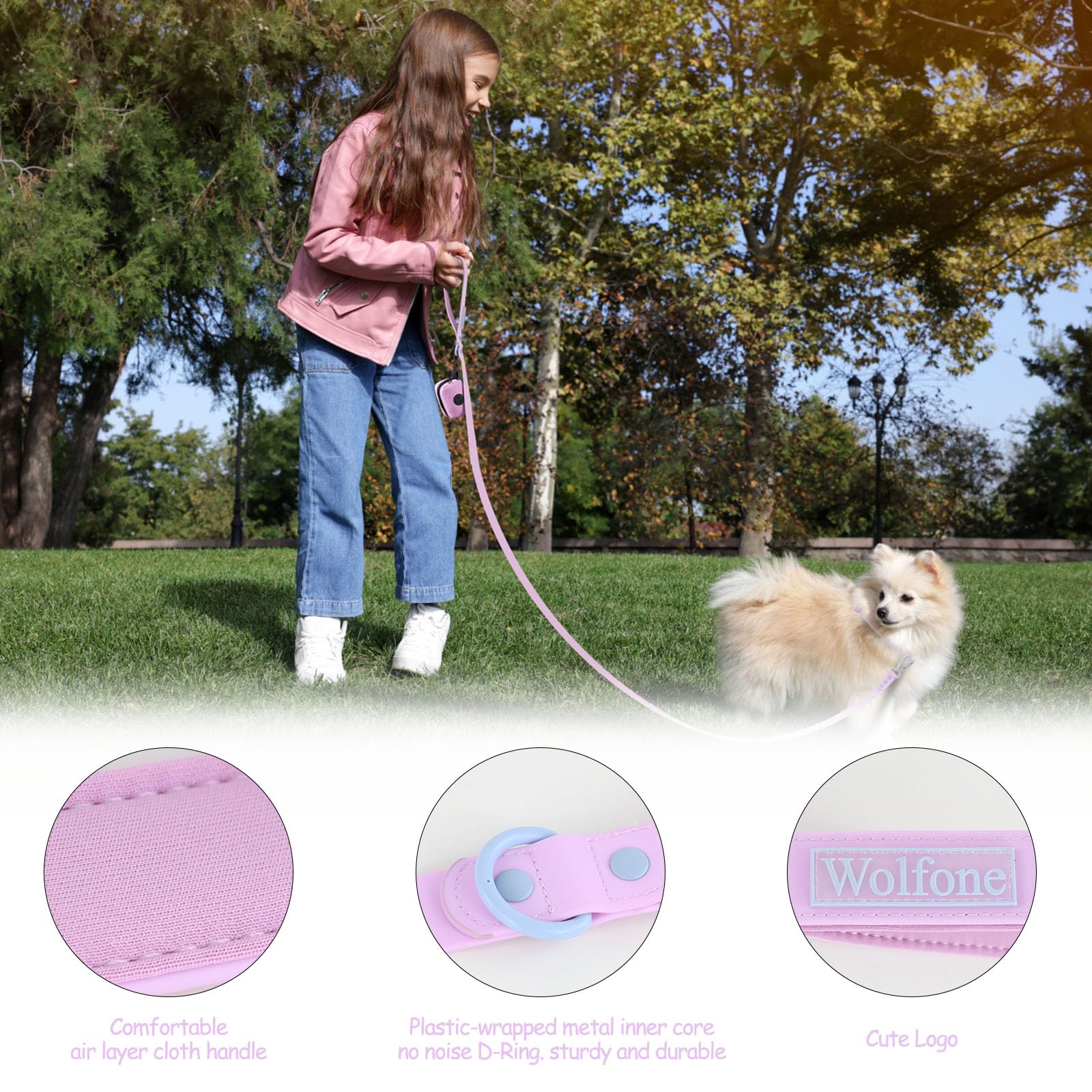 Wolfone 6Ft Safety Auto-Lock Carabiner Dog Leash Soft Handle Waterproof Cute Colored Leash For Dogs Sweet Lilac