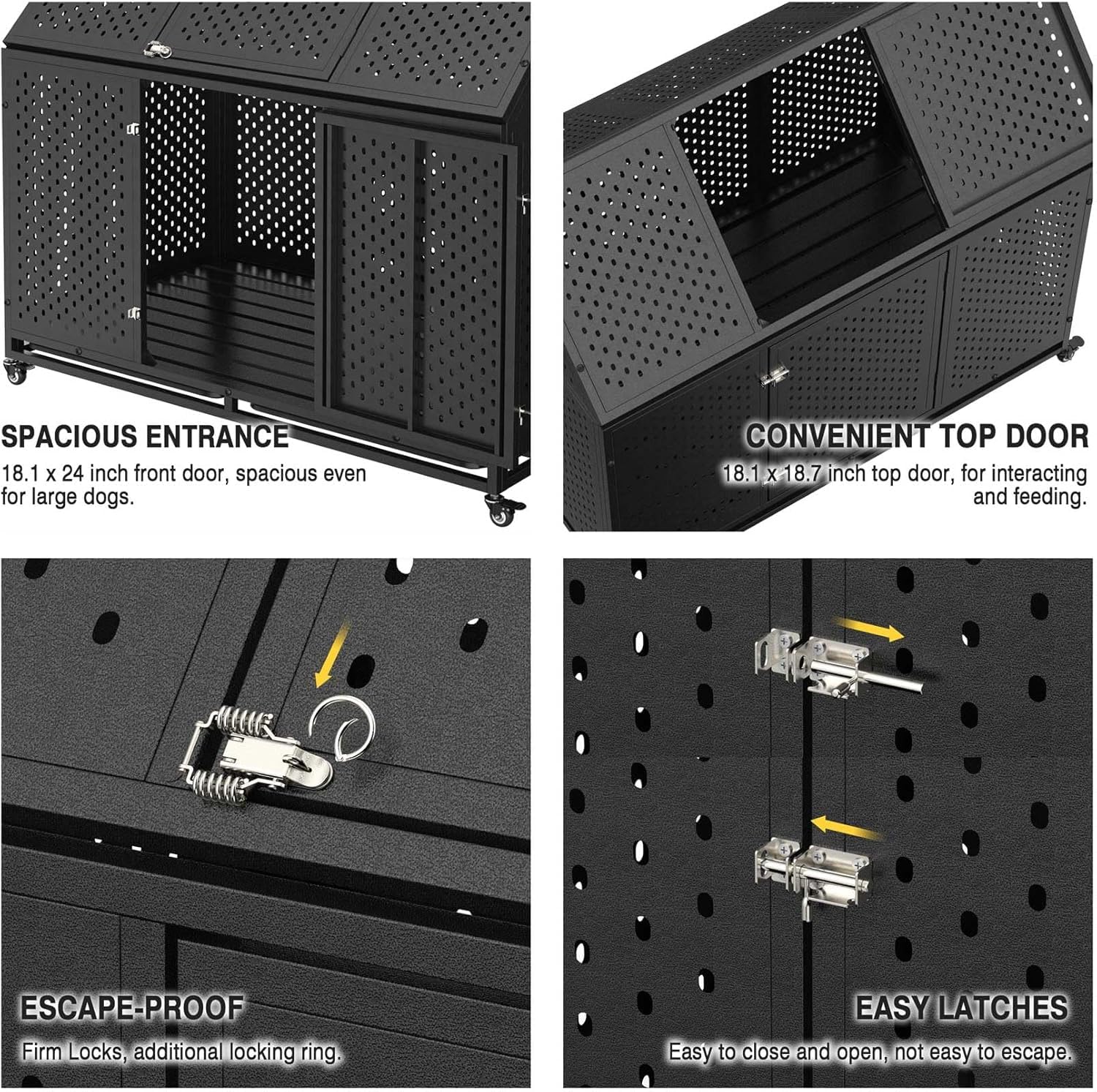 44 Inch Heavy Duty Indestructible Dog Crate, Escape Proof Dog Cage Kennel With Lockable Wheels, High Anxiety Double Door, Extra
