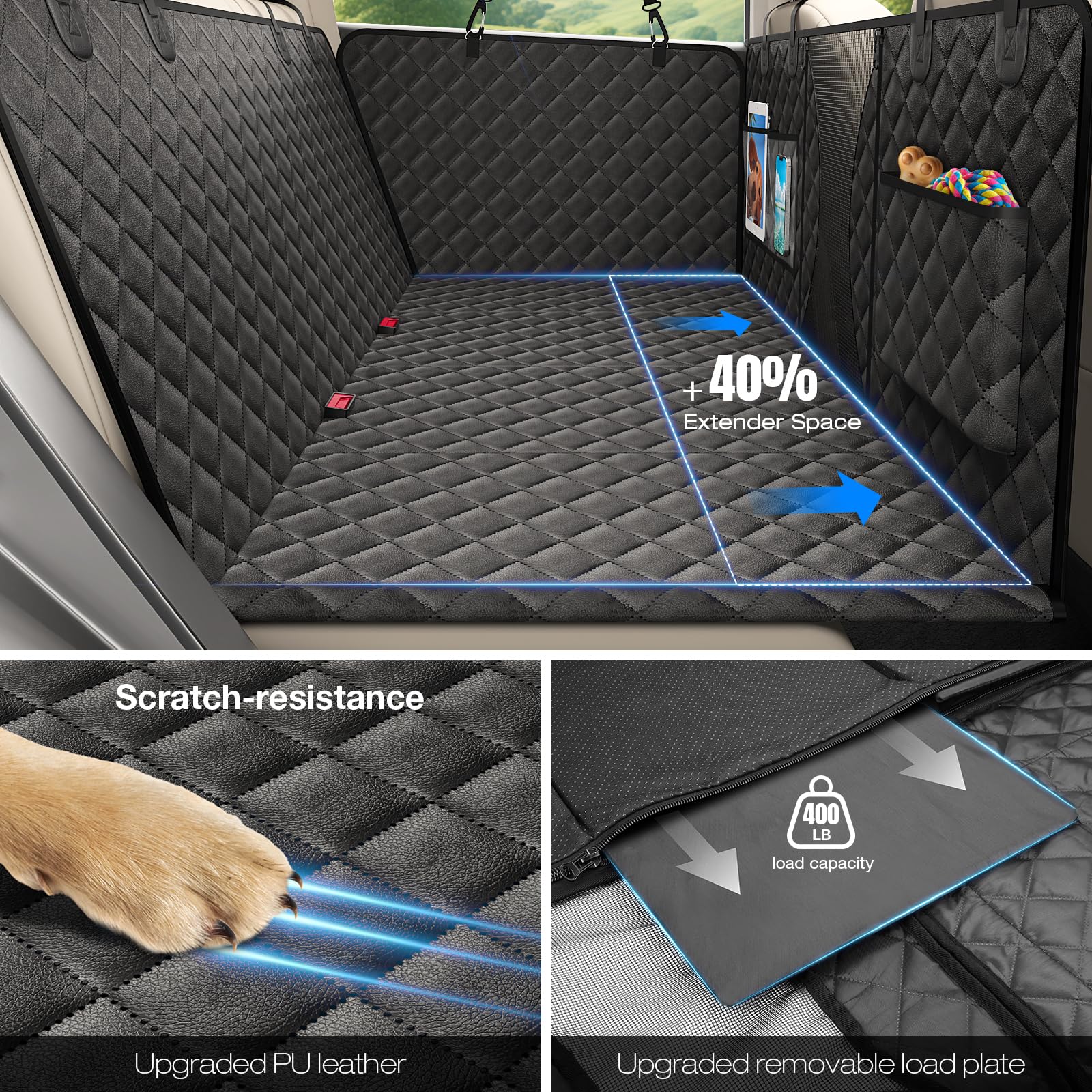 Asfrost Upgraded Pu Leather Dog Car Seat Cover For Back Seat, Waterproof Scratchproof Back Seat Extender Protector With Hard Bot