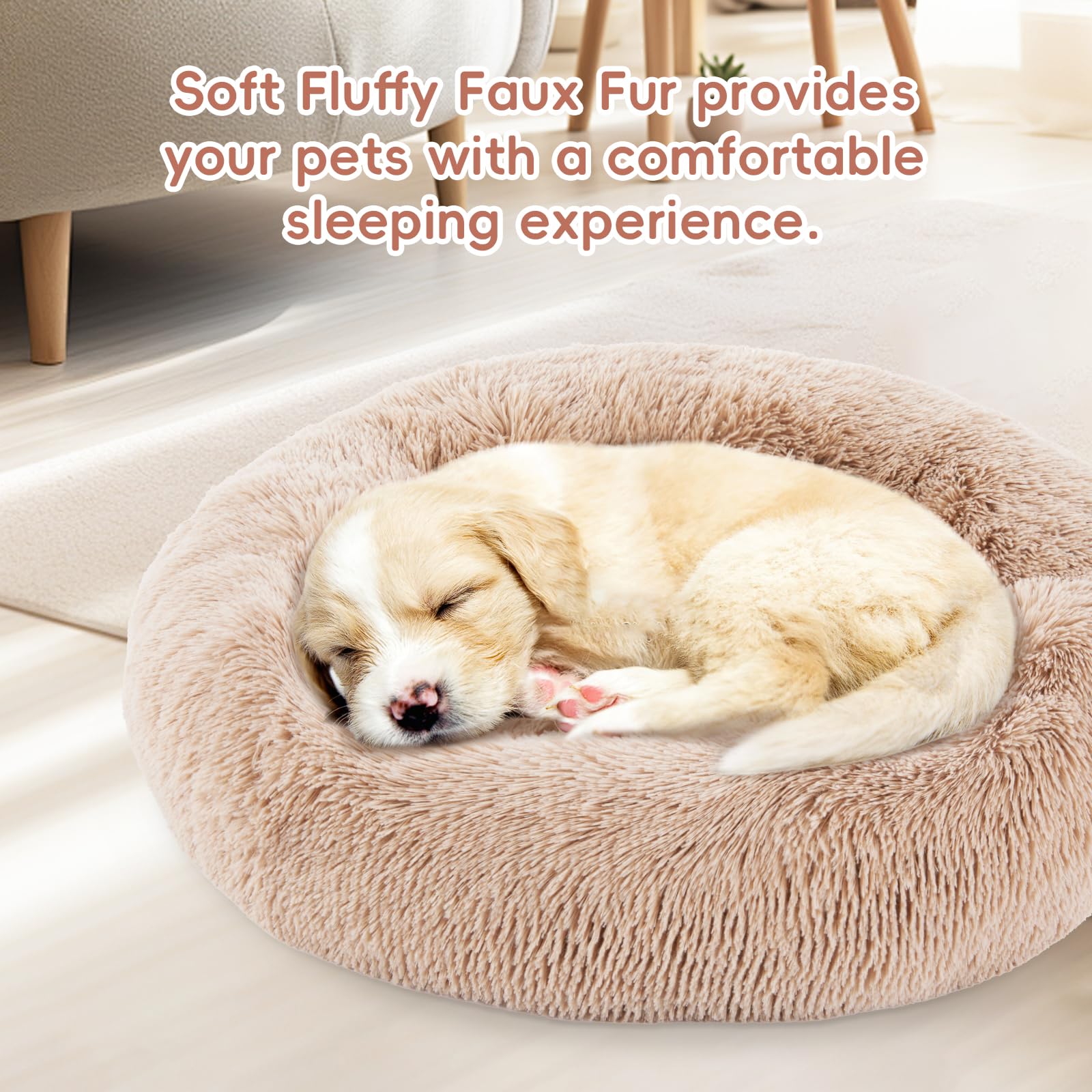Fluffydream 24 Inch Donut Bed For Dogs, Calming, Brown, Washable, Plush Fur Dog Cuddle Bed