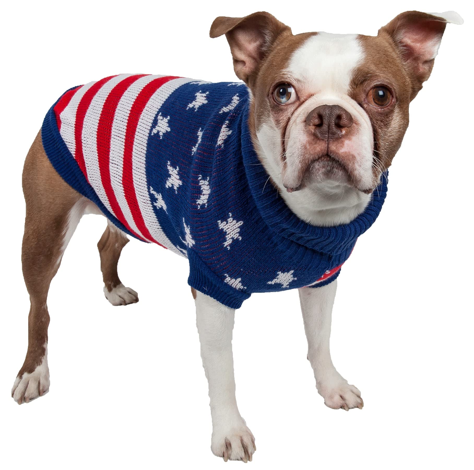 Pet Life  Patriot Independence Star Pet Sweater - Designer Heavy Cable Knitted Dog Sweater with Turtle Neck - Winter Dog Clothes