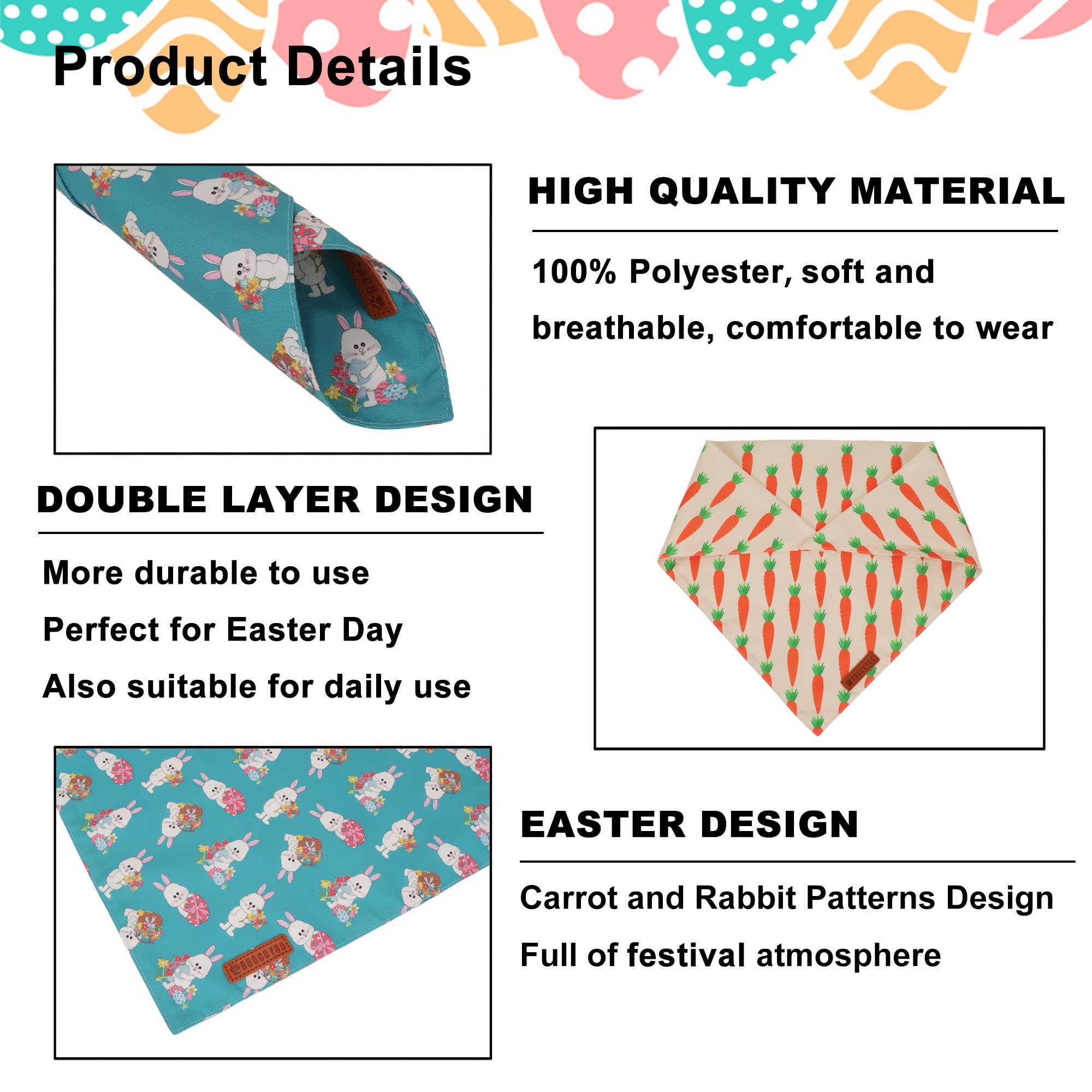 Adoggygo Easter Dog Bandanas 2 Pack, Triangle Reversible Bunny Carrot Dog Scarf, Premium Durable Fabric, Easter Bandana For Larg
