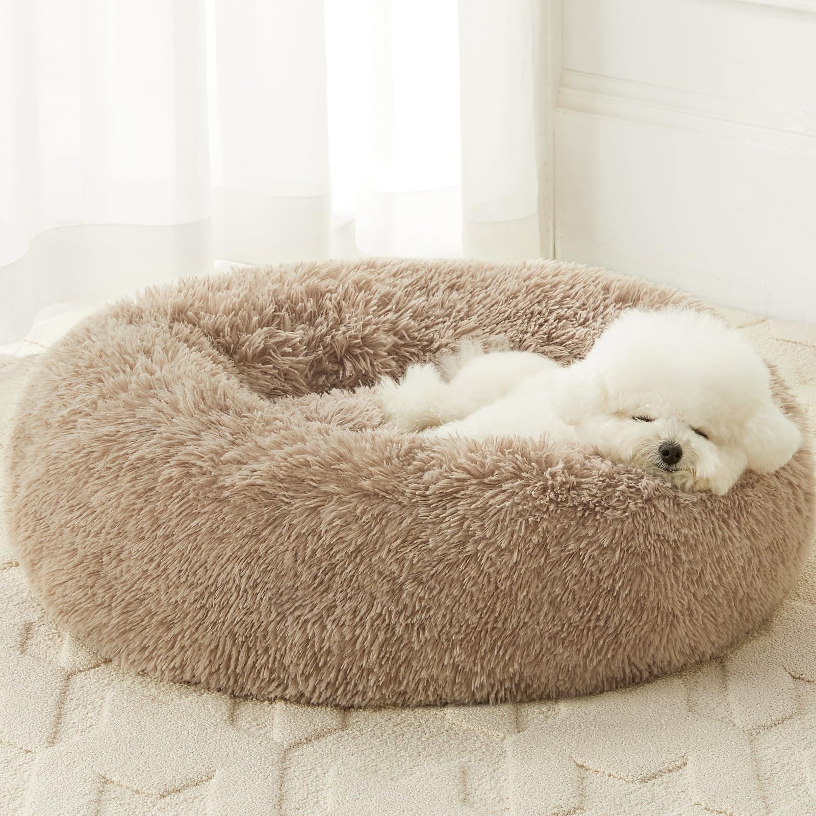 WNPETHOME Calming Dog Bed & Cat Bed,Small Dog Bed Donut Design Faux Fur Anti-Anxiety Dogs Beds,Fluffy Pet Cushion Pet Beds for S