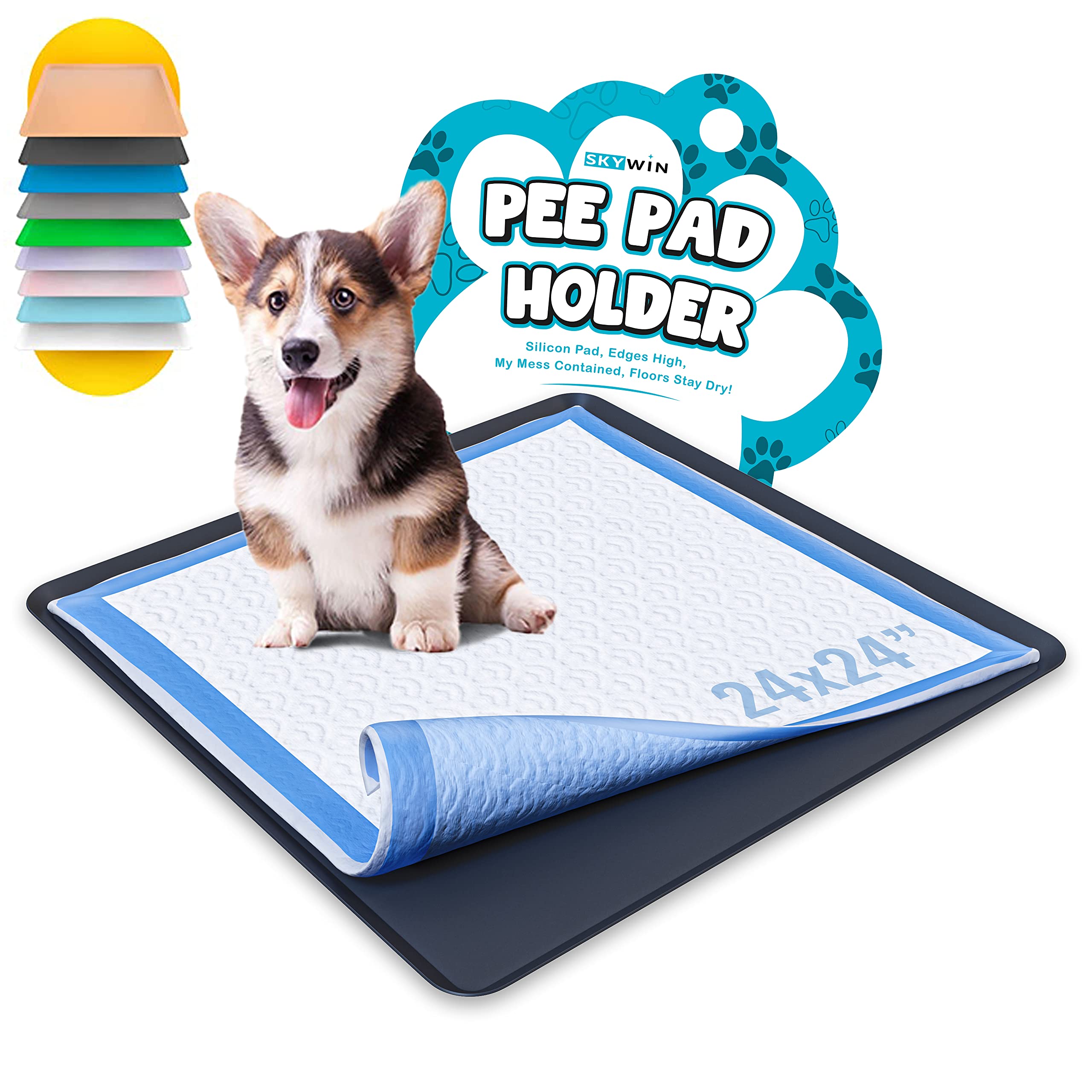 Skywin TidyFriend Silicone Pee Pad Holder Tray, 24 X 24 Inch No-Spill, Leakproof, Easy-to-Clean Pee Pad Holder for Dog (Black)