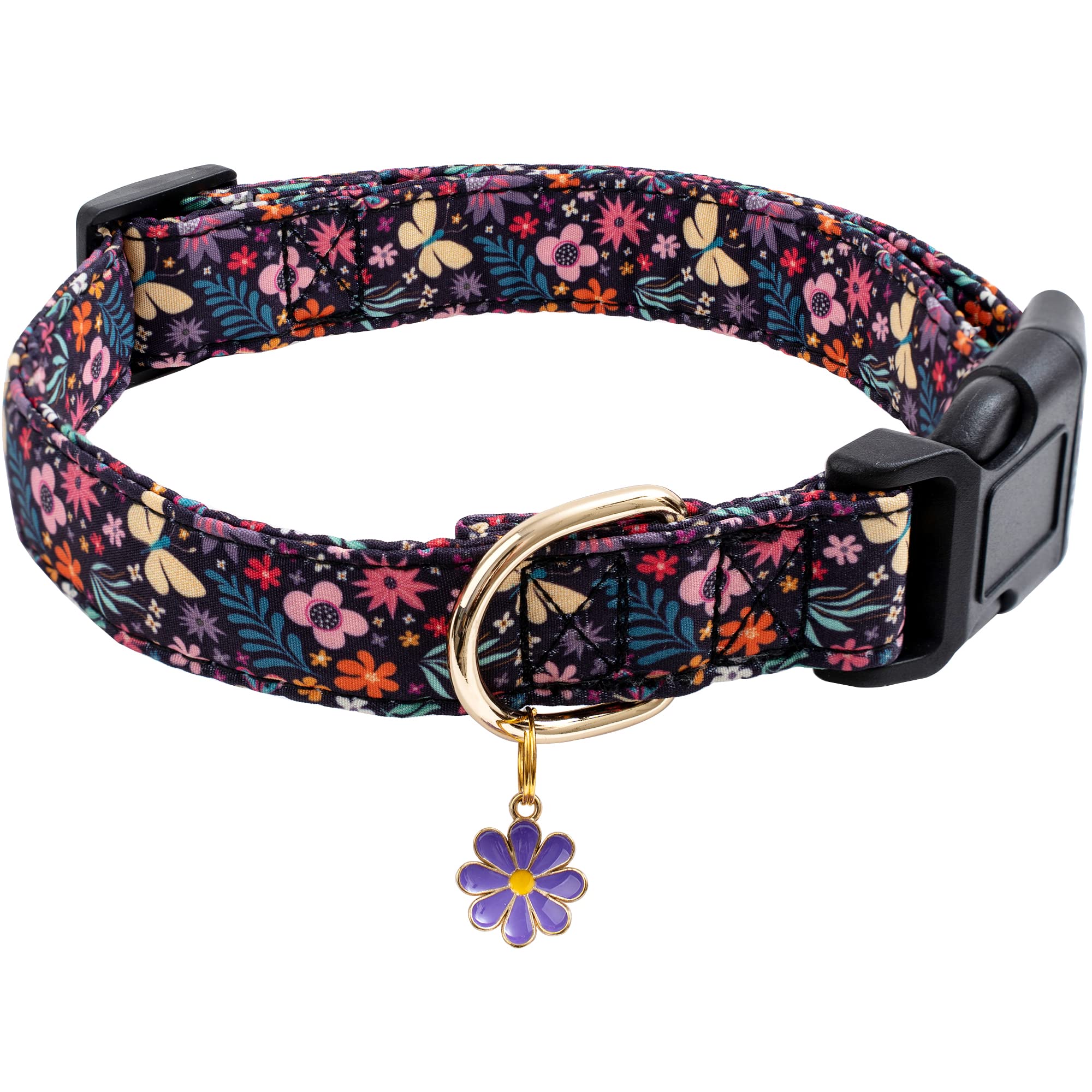 Faygarsle Cotton Designer Dogs Collar Cute Flower Dog Collars For Girl Female Small Medium Large Dogs With Purple Flower Charms 