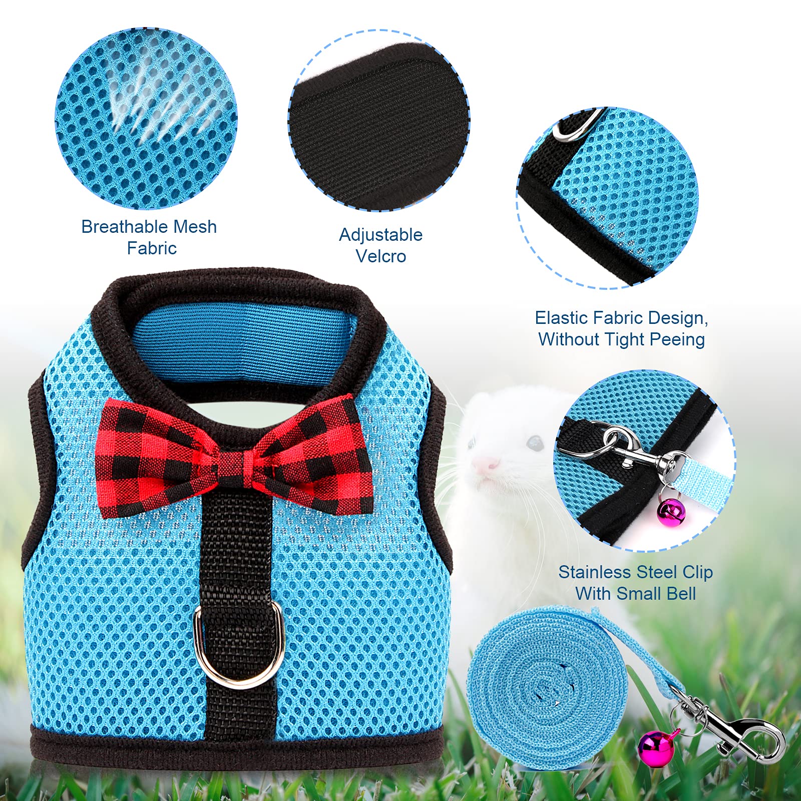 Rypet Small Animal Harness And Leash - Soft Mesh Small Pet Harness With Safe Bell, No Pull Comfort Padded Vest For Small Pet Blu