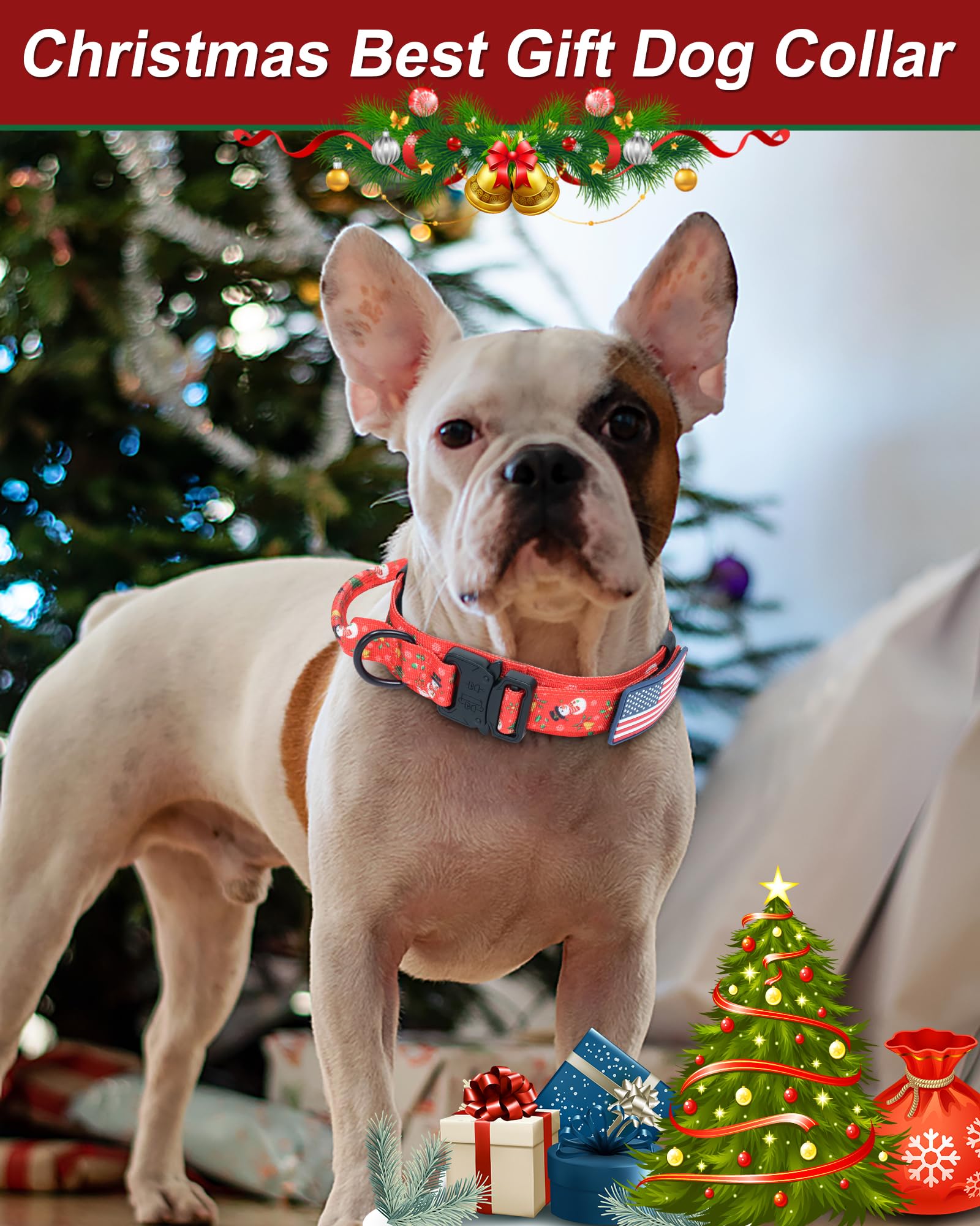 Hotsky Christmas Tactical Dog Collar, Adjustable Military Training Xmas Dog Collar With Handle And Have Duty Metal Buckle For Medium Large Dogs, With Airtag Holder And 2 Patches(M, Christmas Red)