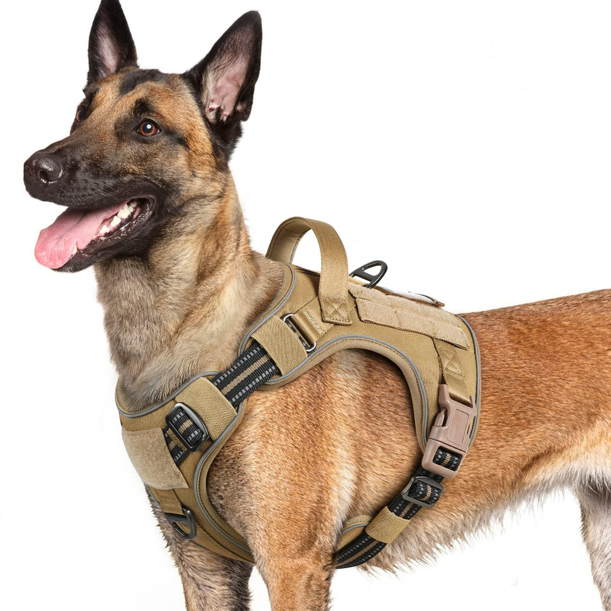 Rabbitgoo Dog Harness For Large Dogs No Pull, Tactical Service Dog Vest With Molle And Control Handle, Adjustable And Reflective Military Pet Harness For Easy Walking And Training, Brown, L