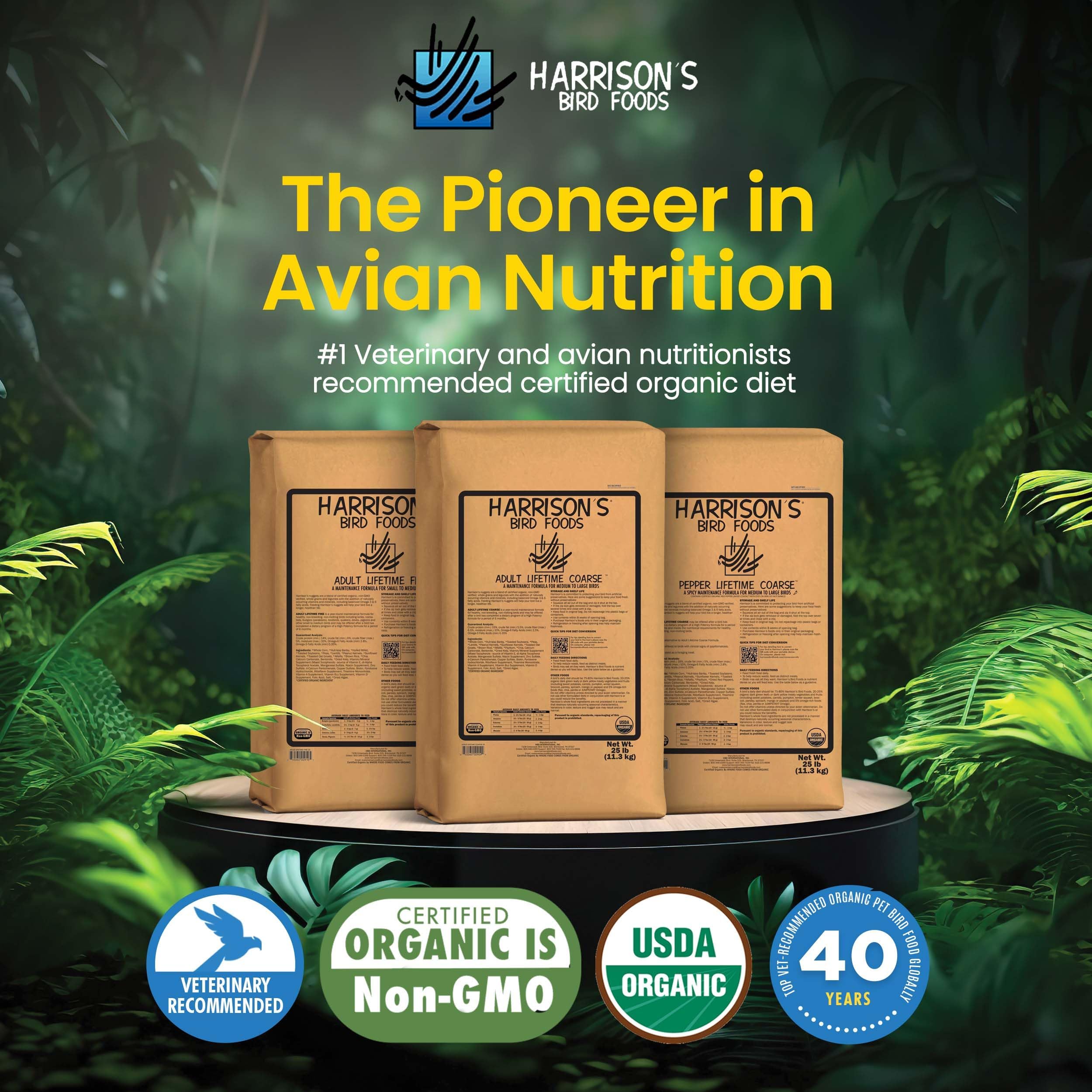 Harrisons Bird Foods Adult Lifetime Coarse Certified Organic Non-GMO Bird Food 25lb