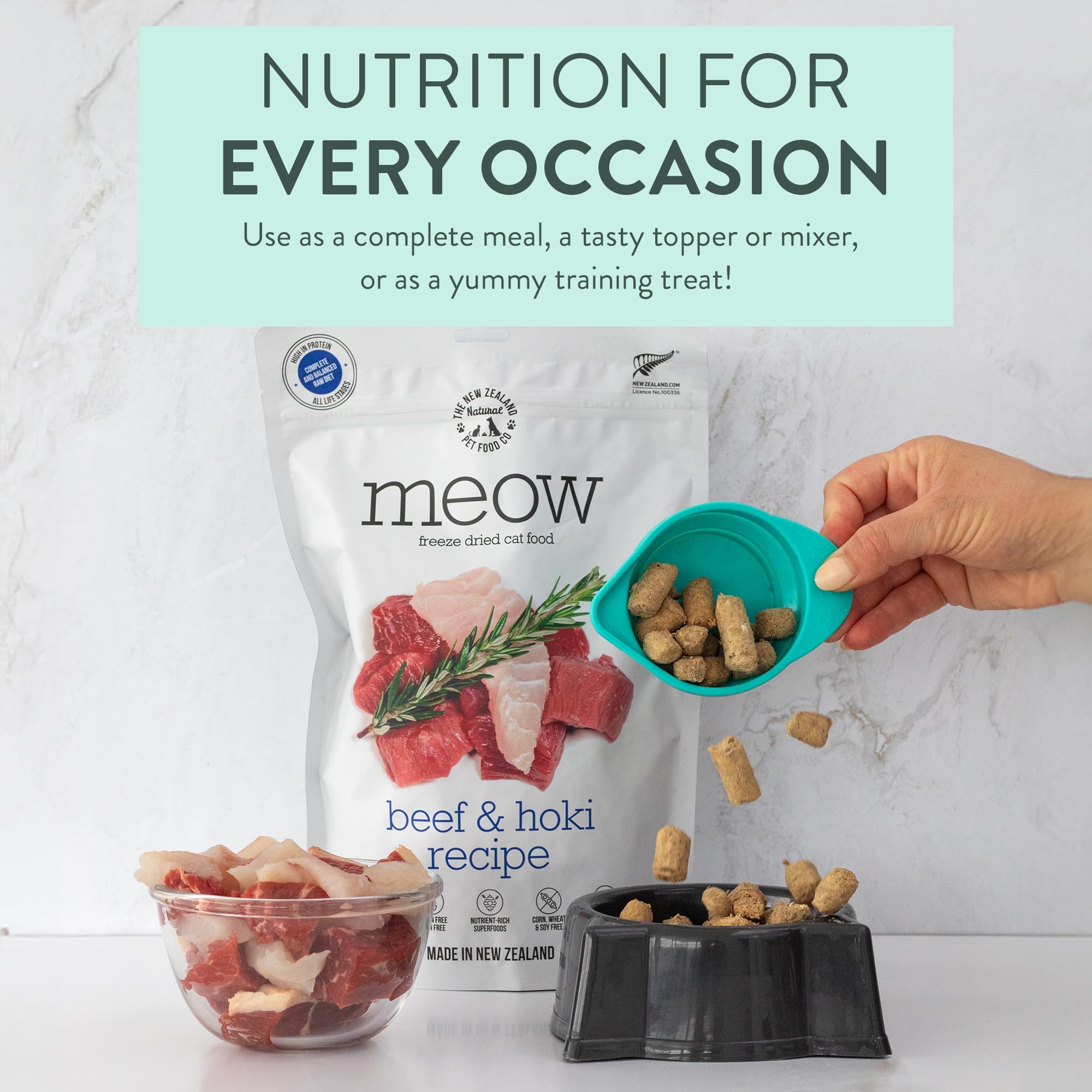 The New Zealand Natural Pet Food Co. Meow Freeze Dried Cat Food - Beef & Hoki Recipe, High Protein Cat Treats, Meals & Toppers,