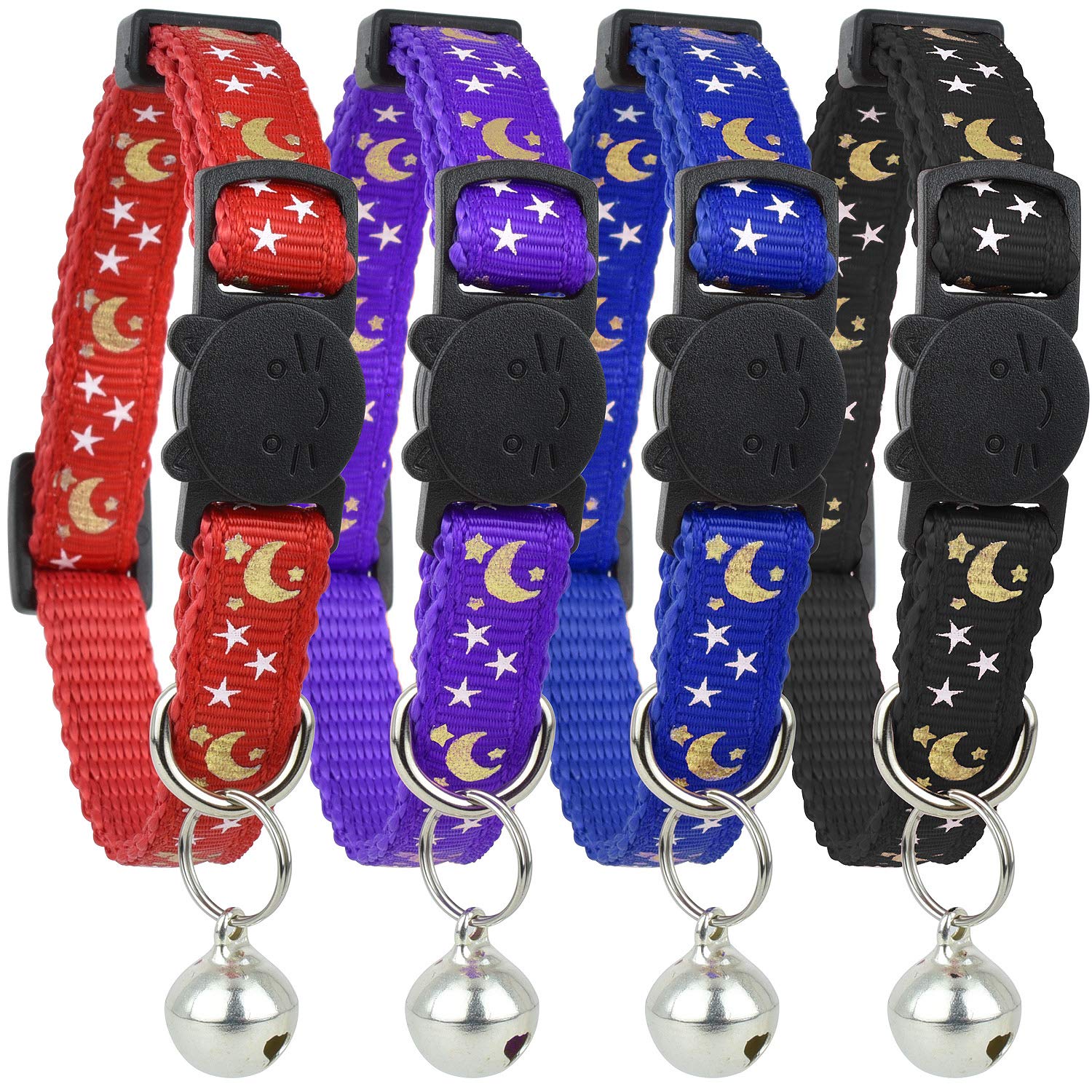 Cat Collar Stars And Moon, 4-Pack, Reflective With Bell, Solid & Safe Collars For Cats, Nylon, Kitty Collars, Pet Collar, Breaka