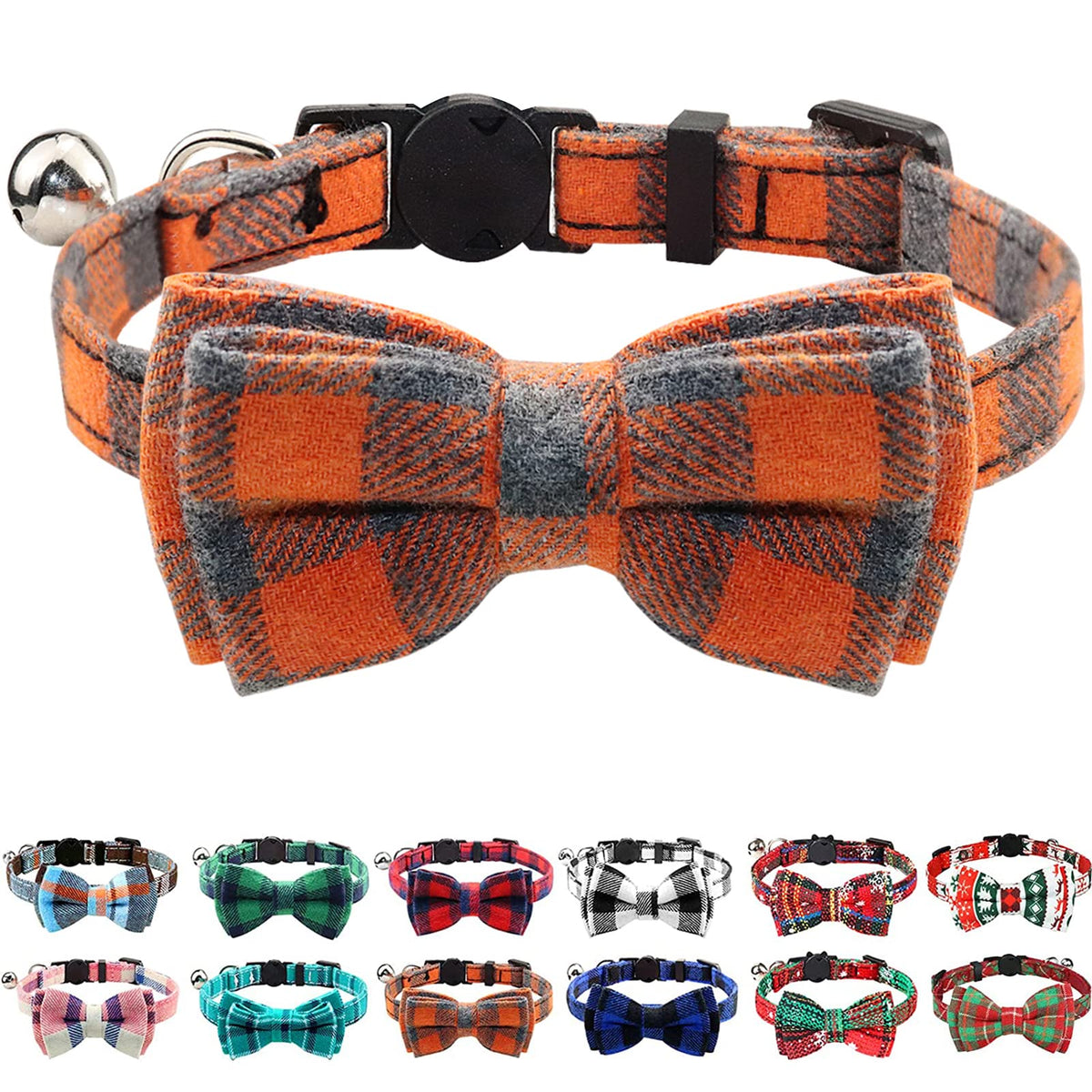 Joytale Upgraded Cat Collar With Bells, Breakaway Cat Collars With Bow Tie, 1 Pack Girl Boy Safety Plaid Kitten Collars, Orange